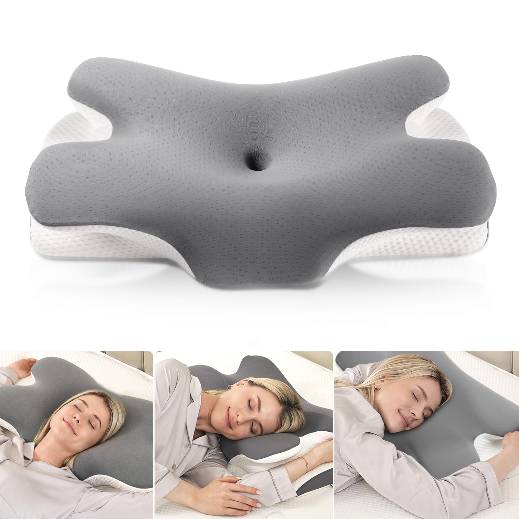 MULISOFT Oreiller Ergonomique Cervical Oreiller Papillon à Mémoire de Forme | Coussin Cervicals pour la Nuque, Adapté pour Dormir sur Le Côté, sur Le Dos et sur Le Ventre, 66,8×36,5×10/12 cm, P-105 Gris