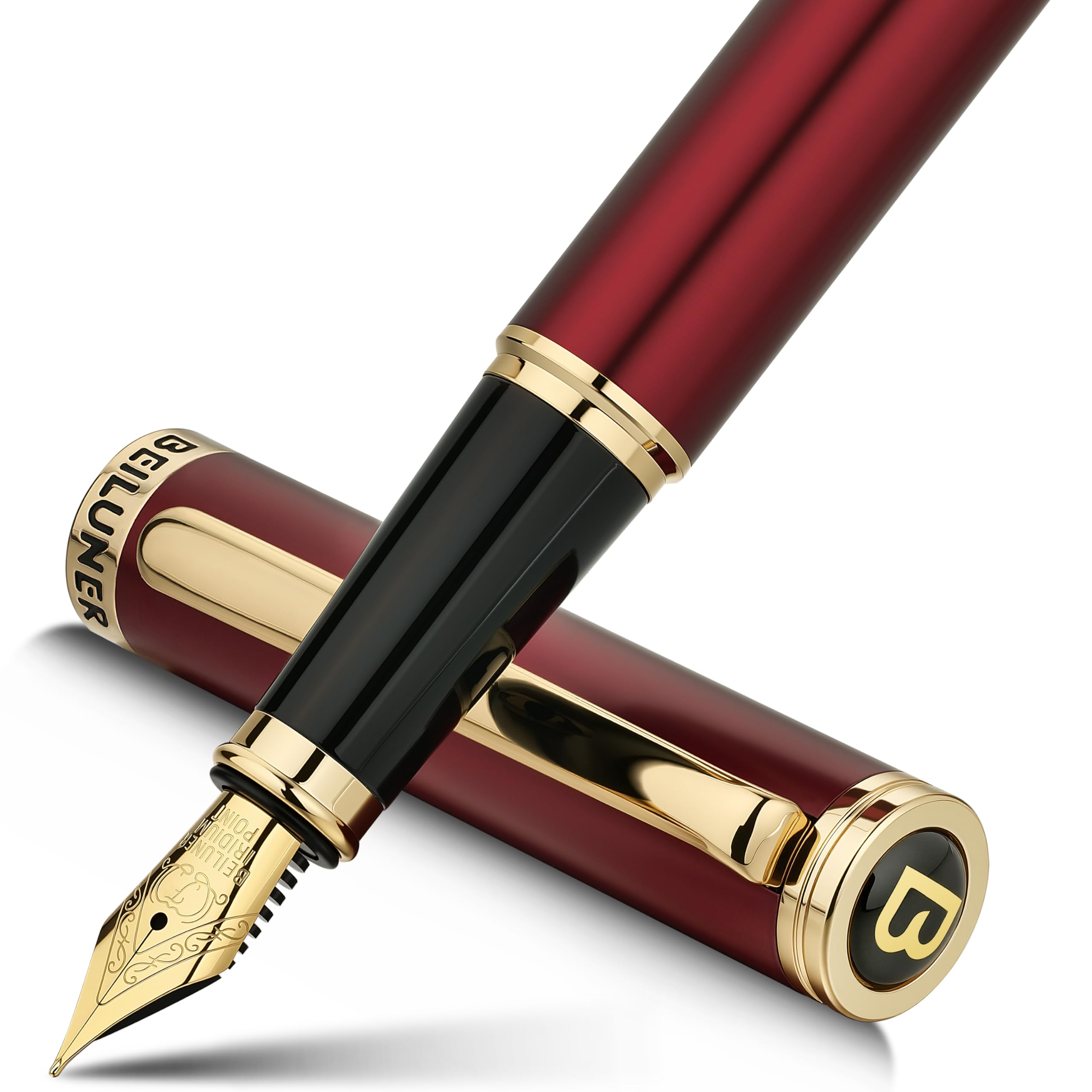BEILUNER Stylo Plume de Luxe, Magnifique Finition Piano Laqué et Or 24K, Cadeau Fiable avec Convertisseur pour Hommes & Femmes, Stylo Élégant pour l'Écriture - Rouge & Or, Plume Fine