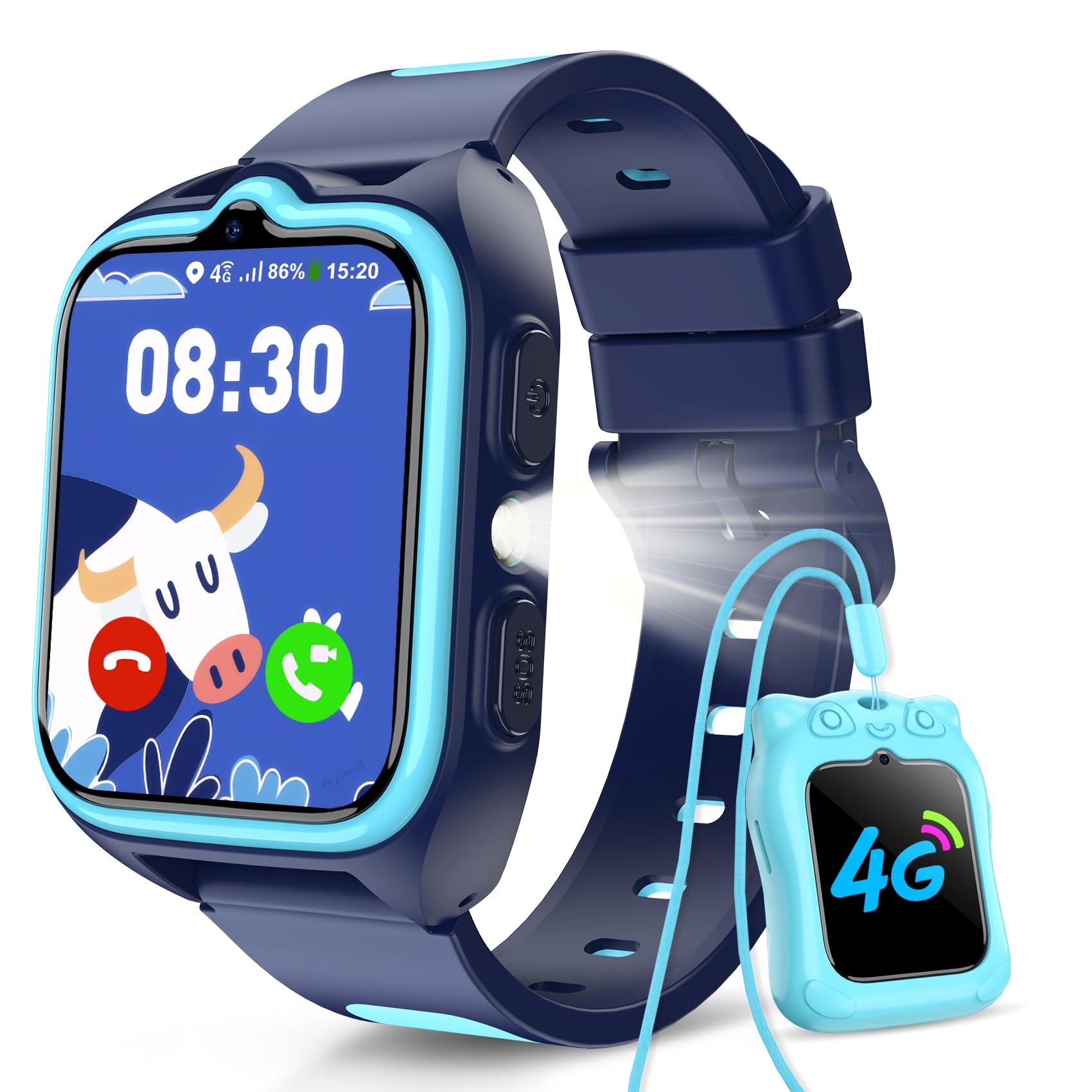 4G Montre Connectée Enfant GPS, SOS, Appel Téléphonique & Vidéo, Mode École | Carte SIM Compatible, Chat Vocal, Lampe Torche, Podomètre, 2 Modes de Port, IP67, Pour Garçon 4-12 Ans, Ldéal Comme Cadeau