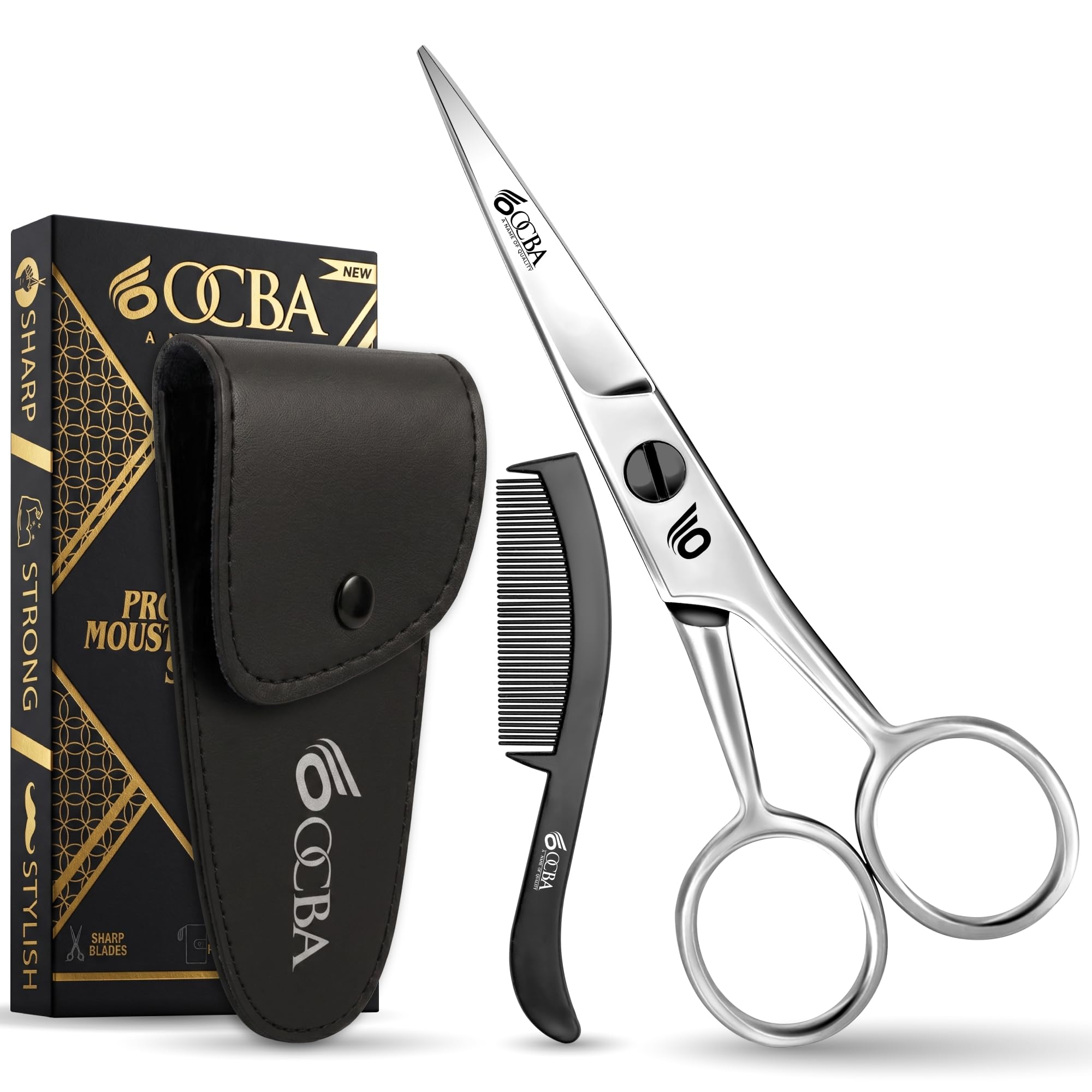 OCBA Ciseaux à barbe, ciseaux à moustache professionnels, ciseaux pour oreilles et nez en acier inoxydable, utilisation sûre pour les sourcils (Argent)