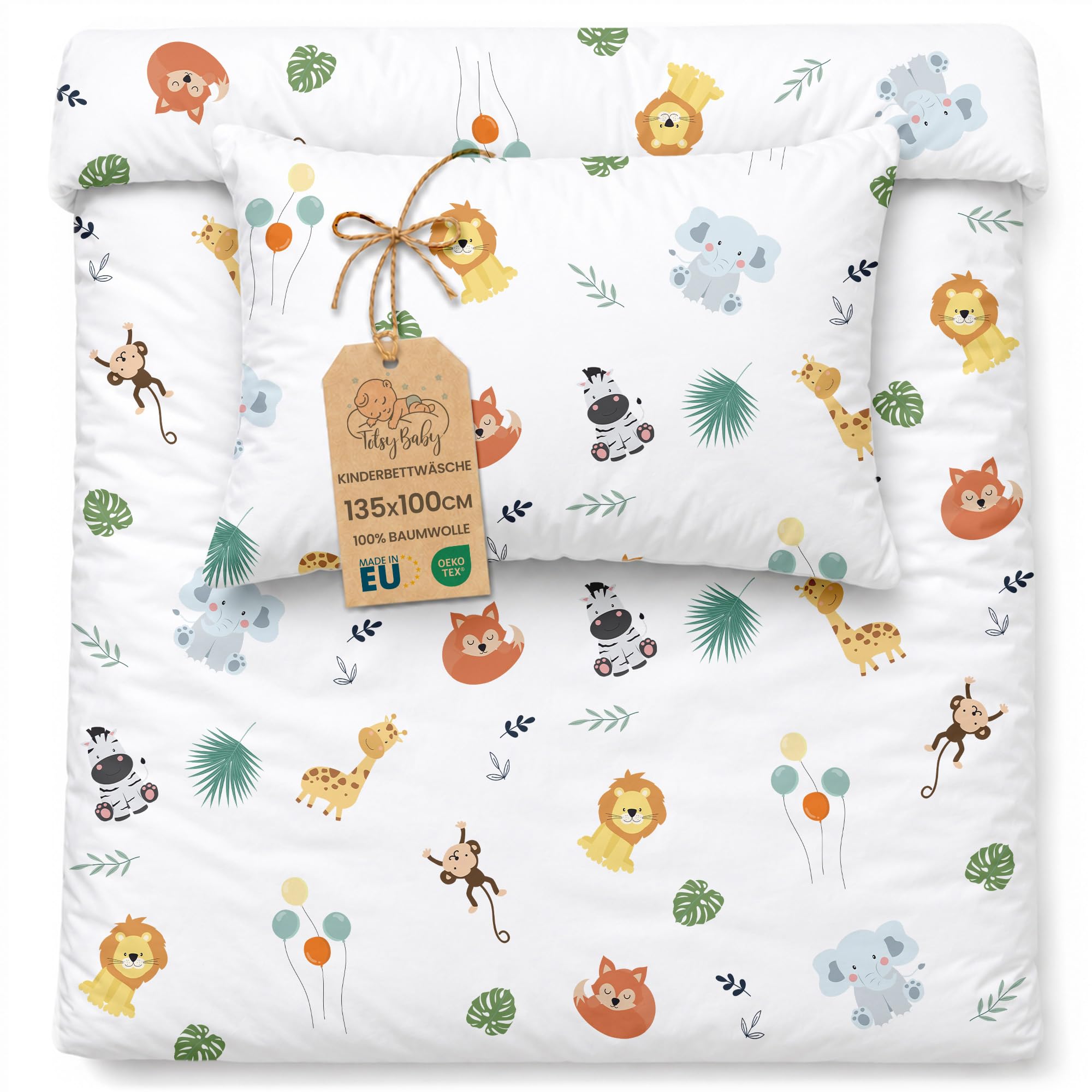 Parure de Lit Bébé 100 x 135 cm cm Coton Housse de Couette Taie | Réversible avec fermeture éclair pour garçon et fille enfant certifié Oeko-Tex en coton doux Motif safari