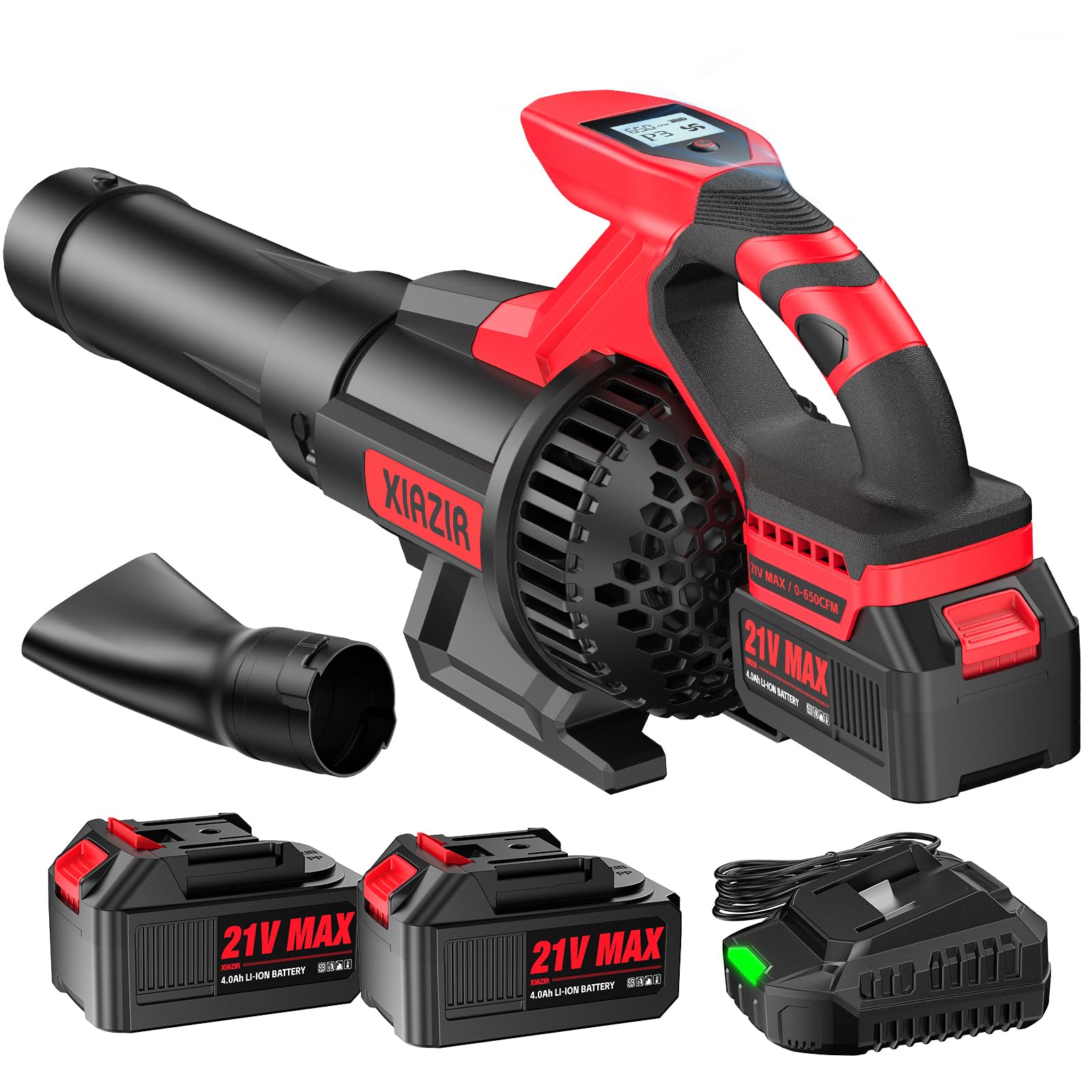XIAZIR Souffleur de Feuilles sans Fil avec 2×4,0Ah Batterie et Chargeur, Moteur 21V 28 000 TR/Min, 210 km/h / 1 104 m³/h, écran LCD, 3 vitessesvitesse réglable, léger pour Jardin, terrasse et allée
