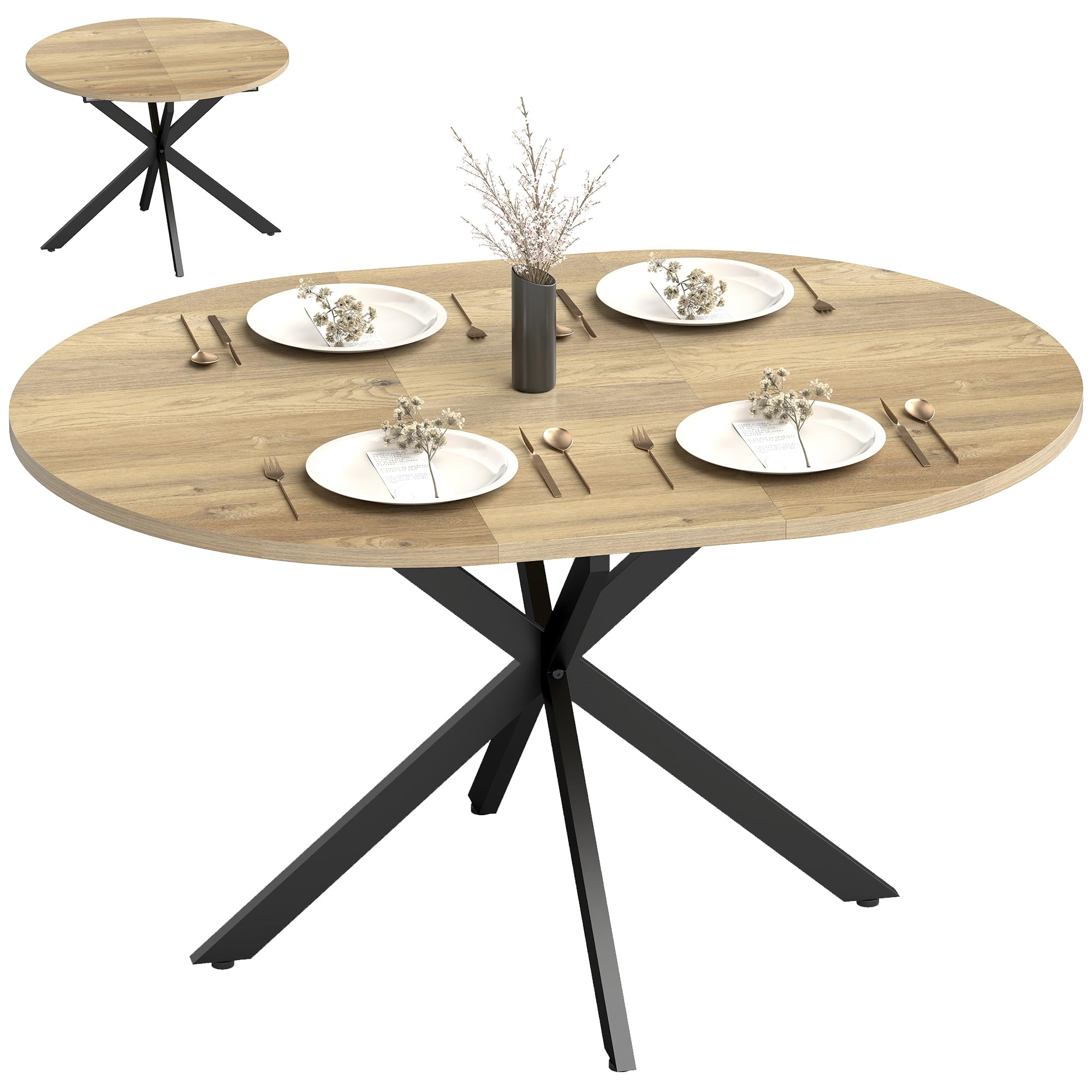 HOMCOM Table à Manger Extensible Ovale pour 4 à 6 Personnes Naturel | Table de Cuisine, Rallonge Papillon, Style Industriel, Piètement X en Acier, Salle à Manger, Salon, Effet Bois