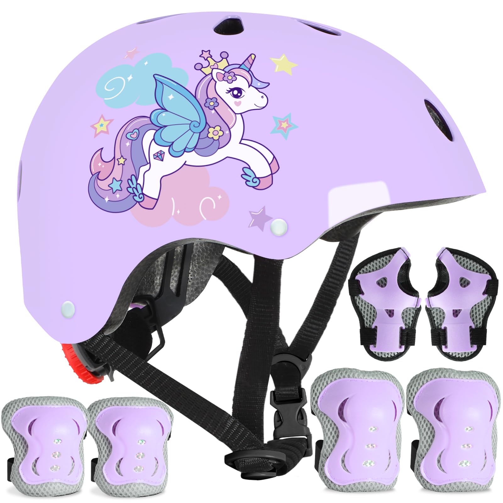 Licorne Casque Vélo Enfant Casque Ajustable pour Filles Garçons avec Réglables Genouillères et Coudières Équipement de Protection pour Cyclisme Scooter Roller Skateboard 48-56 cm 3-12 Ans