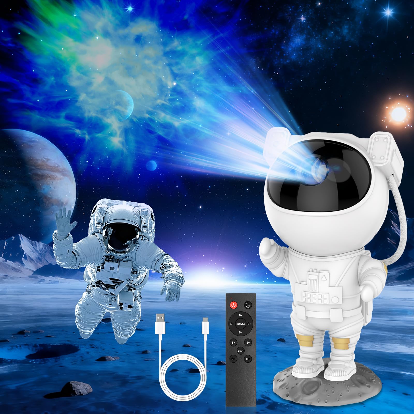 Qxmcov Astronaute Projecteur Ciel Etoile, Astronaute Projecteur Galaxie avec Étoile/Nébuleuse/Minuterie/Télécommande pour Enfant Plafond Chambre Bébé, Angle Réglable Veilleuse Enfant