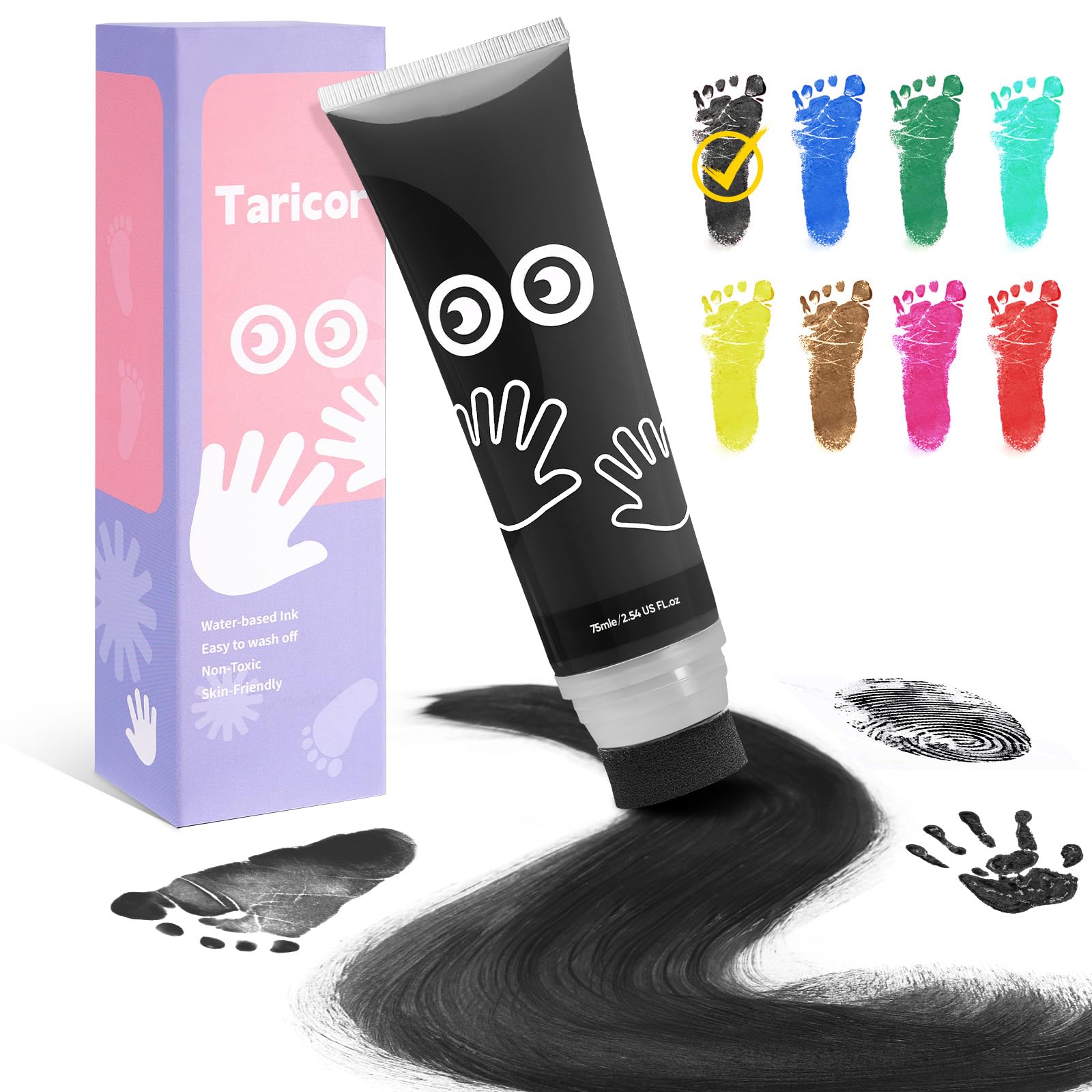Taricor Kit Empreinte Pieds et Mains Bébé, Enfant Empreinte Clean Touch Tampons Bébé Empreinte de Main Empreinte de Pied Enfant Empreinte Nouveau-nés Douche Cadeau Bebe Souvenir (75ml Noir)