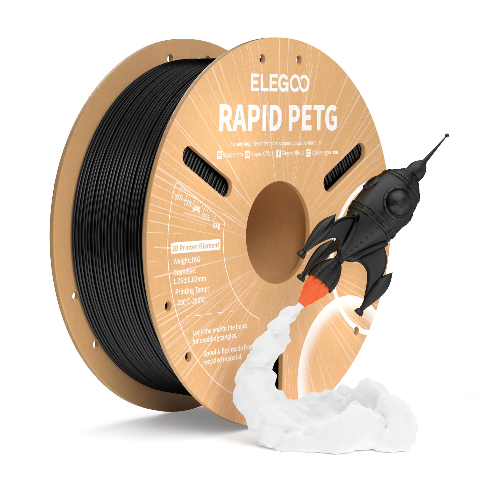 ELEGOO Rapid Filament PETG 1.75mm Noir 1KG | Haute Vitesse 30-600mm/s, Précision Dimensionnelle +/- 0.02mm, Bobine de 1kg en Carton (2.2lbs) Pour des Imprimantes 3D FDM
