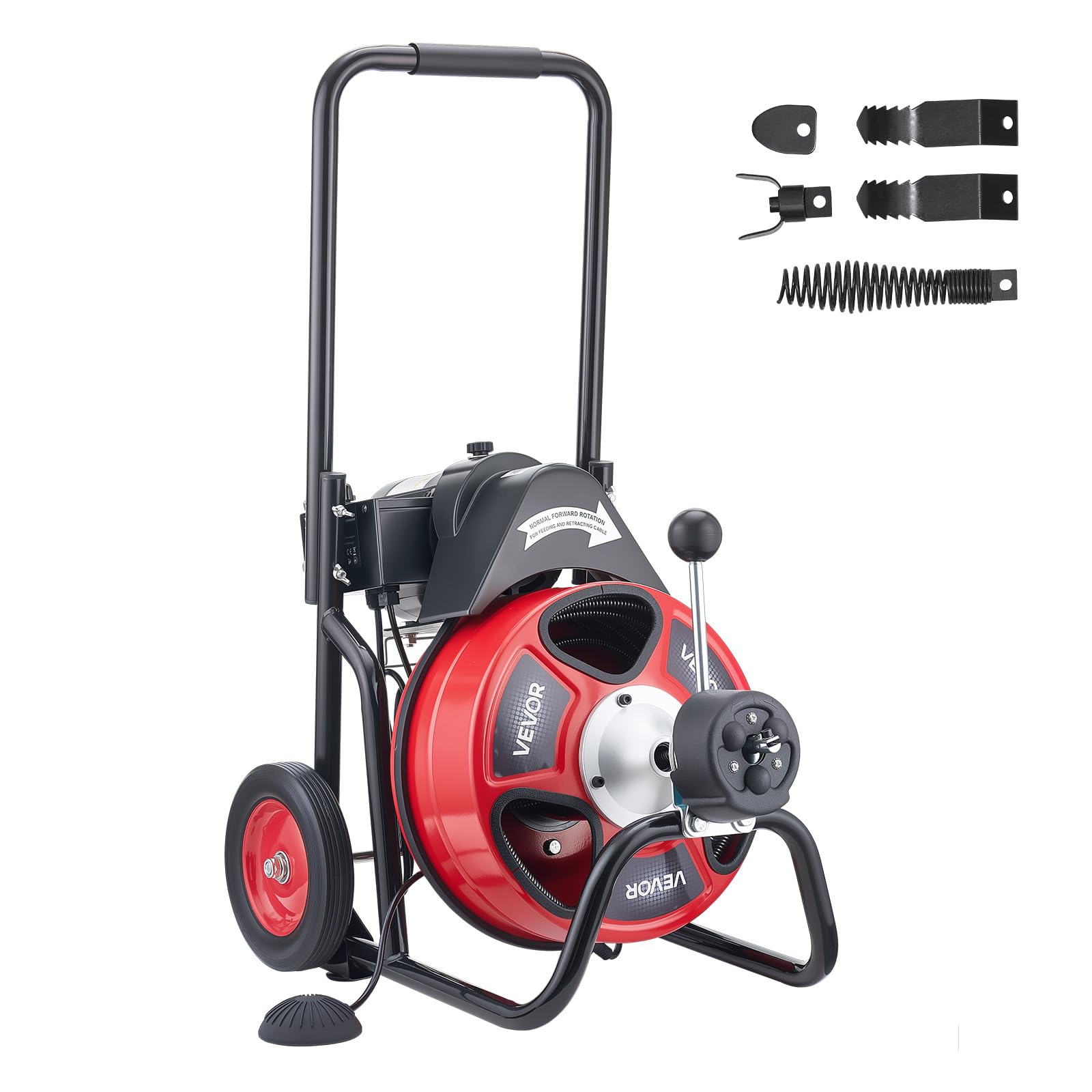 VEVOR Furet Déboucheur Canalisation Électrique 22 m x 13 mm Furet Électrique Alimentation Auto Machine de Débouchage sur Roues pour Tuyaux 50-150 mm, avec 4 Lames, Interrupteur au Pied Pneumatique