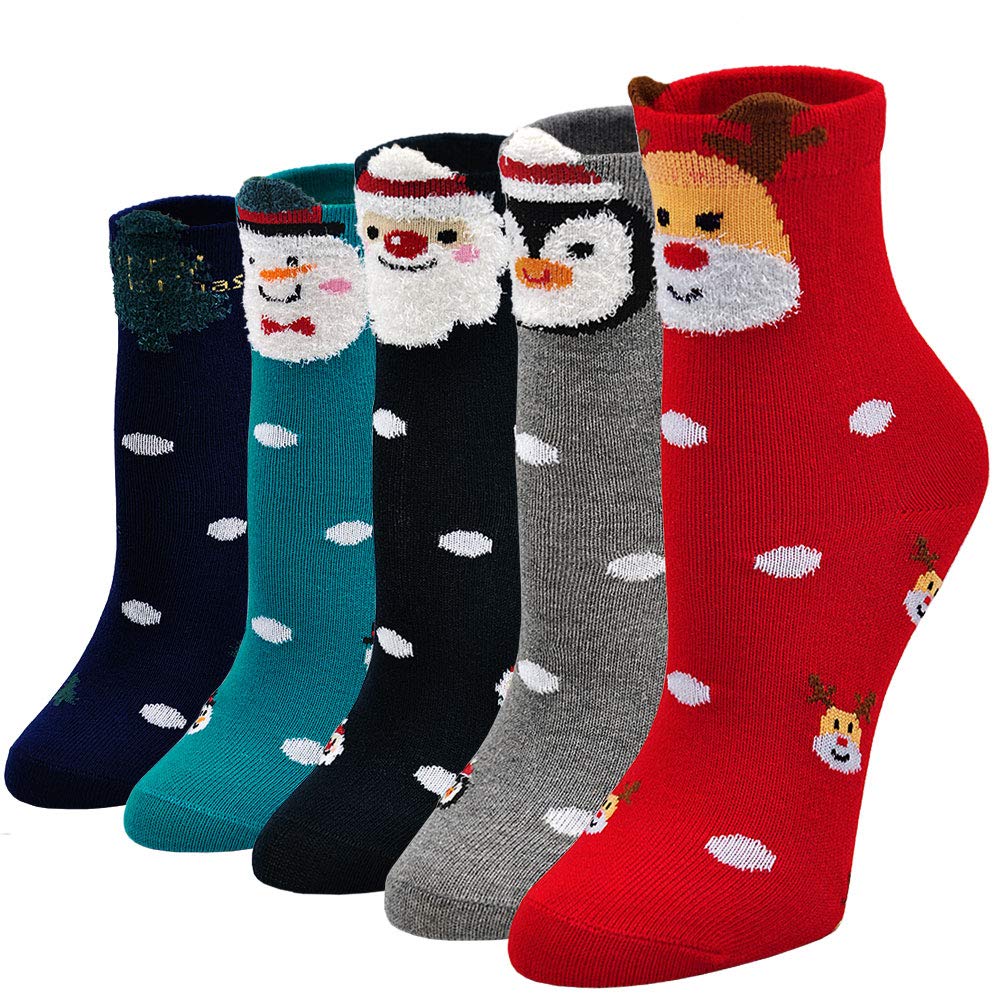 PUTUO Chaussettes de Noël Enfant Fille Chaussettes en Coton, Chaussette Bébé Fille Garçons Fantaisie Socquettes, 2-11 Ans, 5 paires