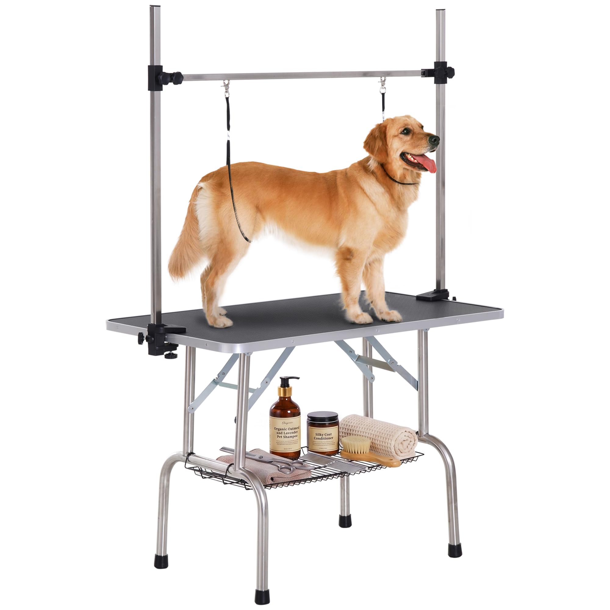 PawHut Table de Toilettage Pliante pour Chien Chat 107x60x76cm 100kg Noir | Potence H Inox Réglable, Station Robuste, Surface Antidérapante, 2 Sangles, Panier Maille, Idéal Domicile