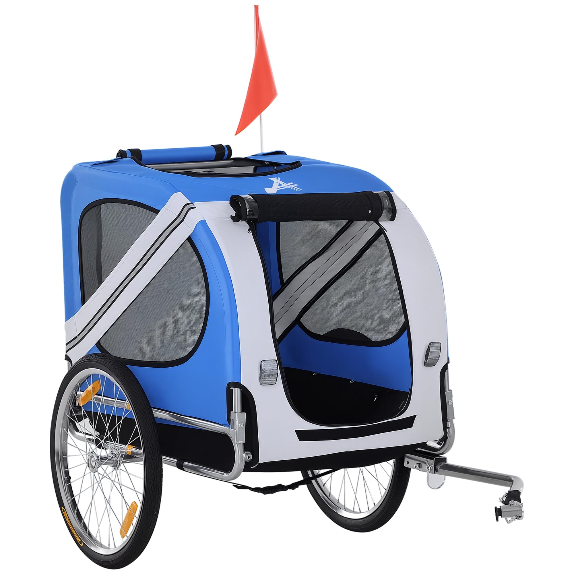 PawHut Remorque Vélo pour Chien Animaux Acier Max 30 Kg 130x73x90cm | 8 Réflecteurs, Drapeau, Barre Attelage Inclus, Polyester Imperméable