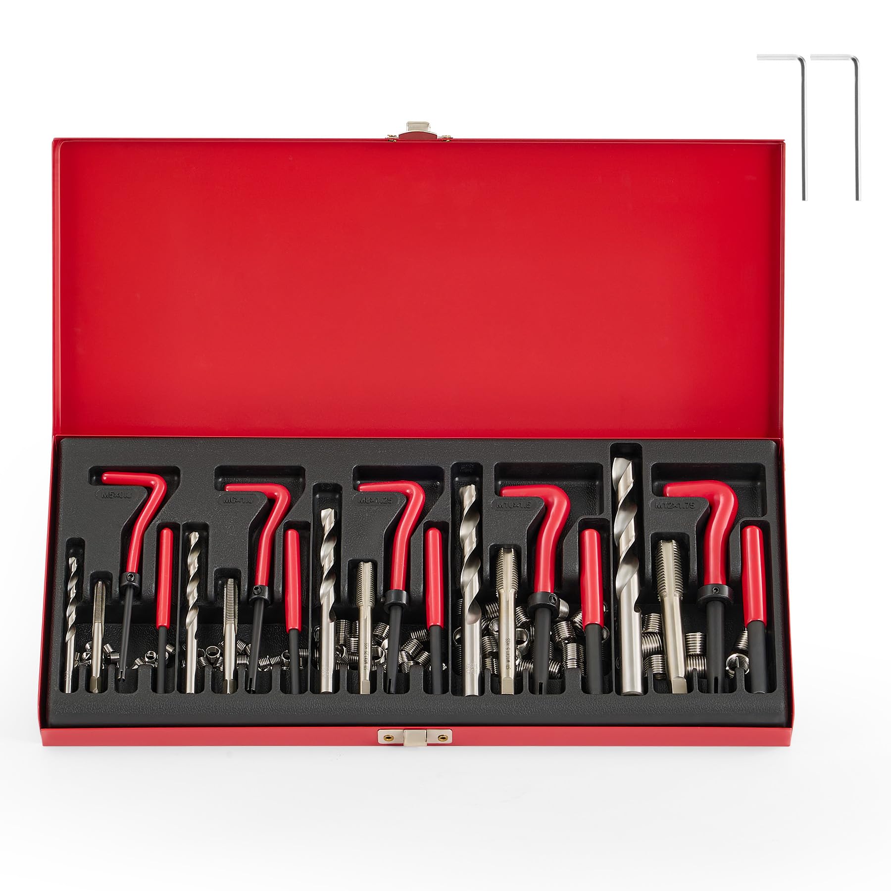 Orion Motor Tech Kit de Réparation de Filetage, 131 Pièces M5 M6 M8 M10 M12 Métrique, Helicoil Inserts INOX. 304, Tarauds et Mèches pour Aluminium Acier, Rouge