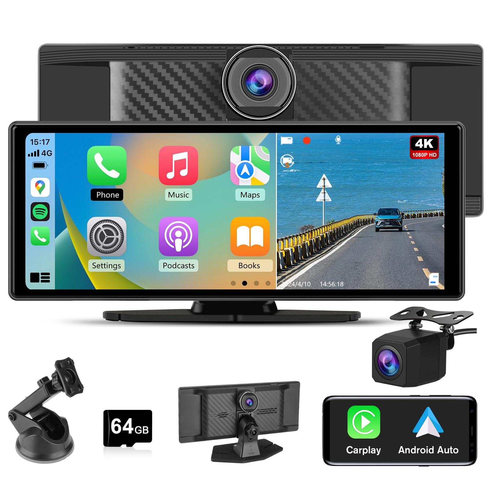 Hexinex Écran Carplay Voiture & Android Auto,Stéréo Carplay avec Dashcam Avant 4K, Caméra Arrière 1080P Inclus, 10,26 Pouces Écran Tactile Commande Vocale, BT/GPS/FM/AUX/Carte TF 64G