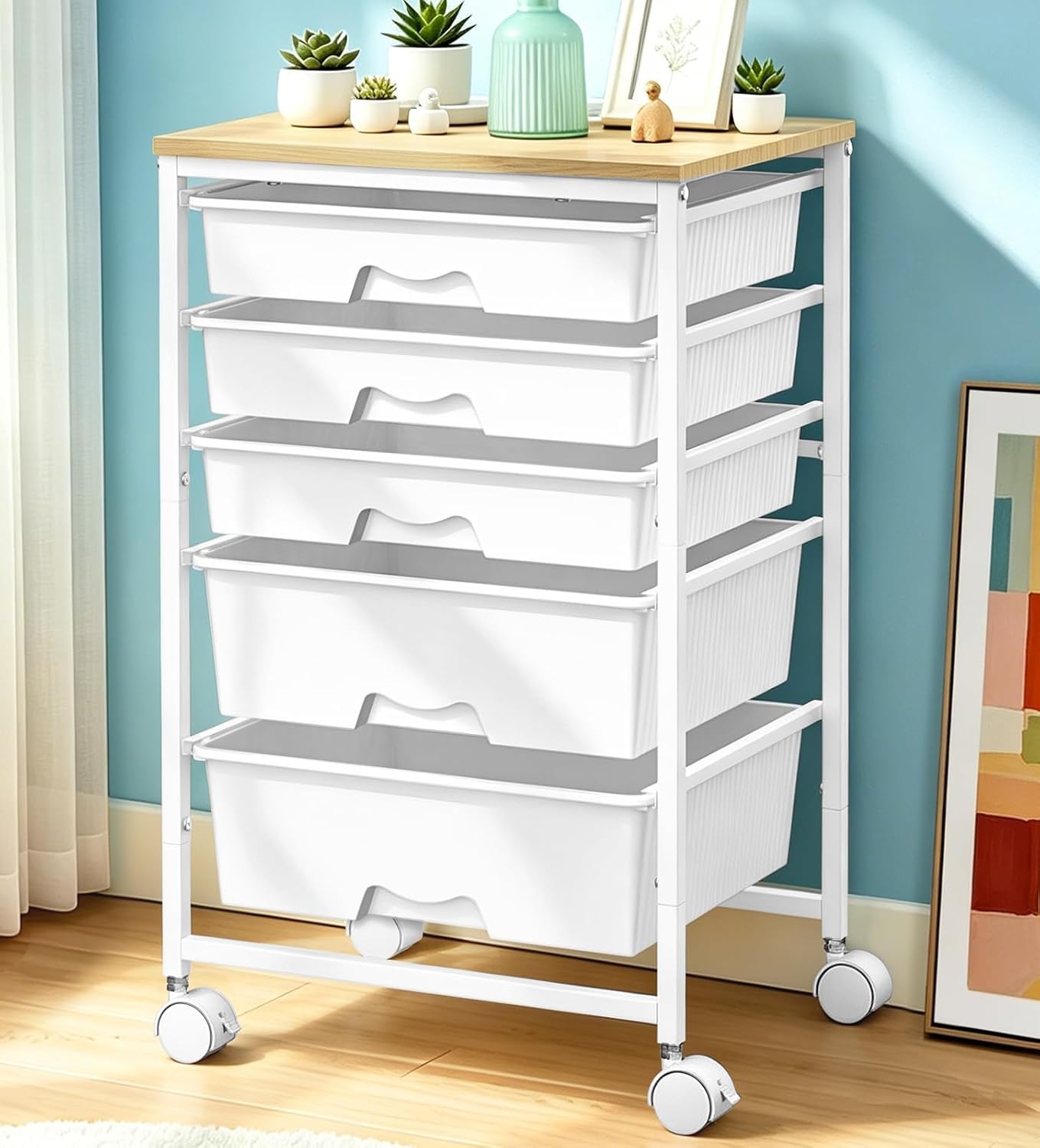 WELDUN Chariot à roulettes avec 5 grands tiroirs, chariot de rangement | Chariot de salle de bain à roulettes pour cuisine, salle de bain, école, studio, bureau, salon, chambre à coucher, blanc