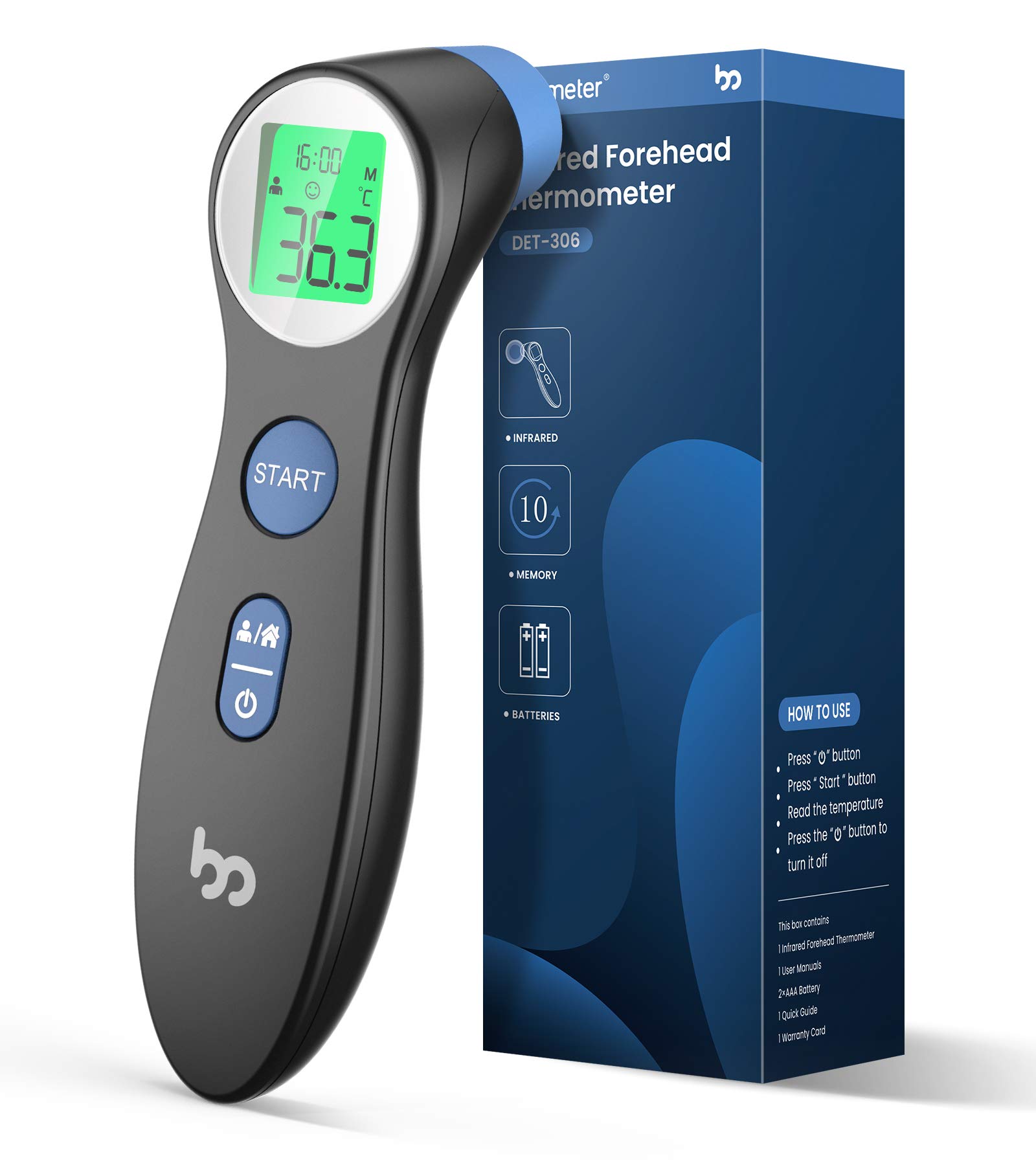 femometer Thermomètre Frontal Bébé et Adulte Sans Contact, Noir-bleu | Lecture Précise Instantané, Alarme de Fièvre, Simple à Utiliser, Thermomètre Infrarouge, Mode Muet