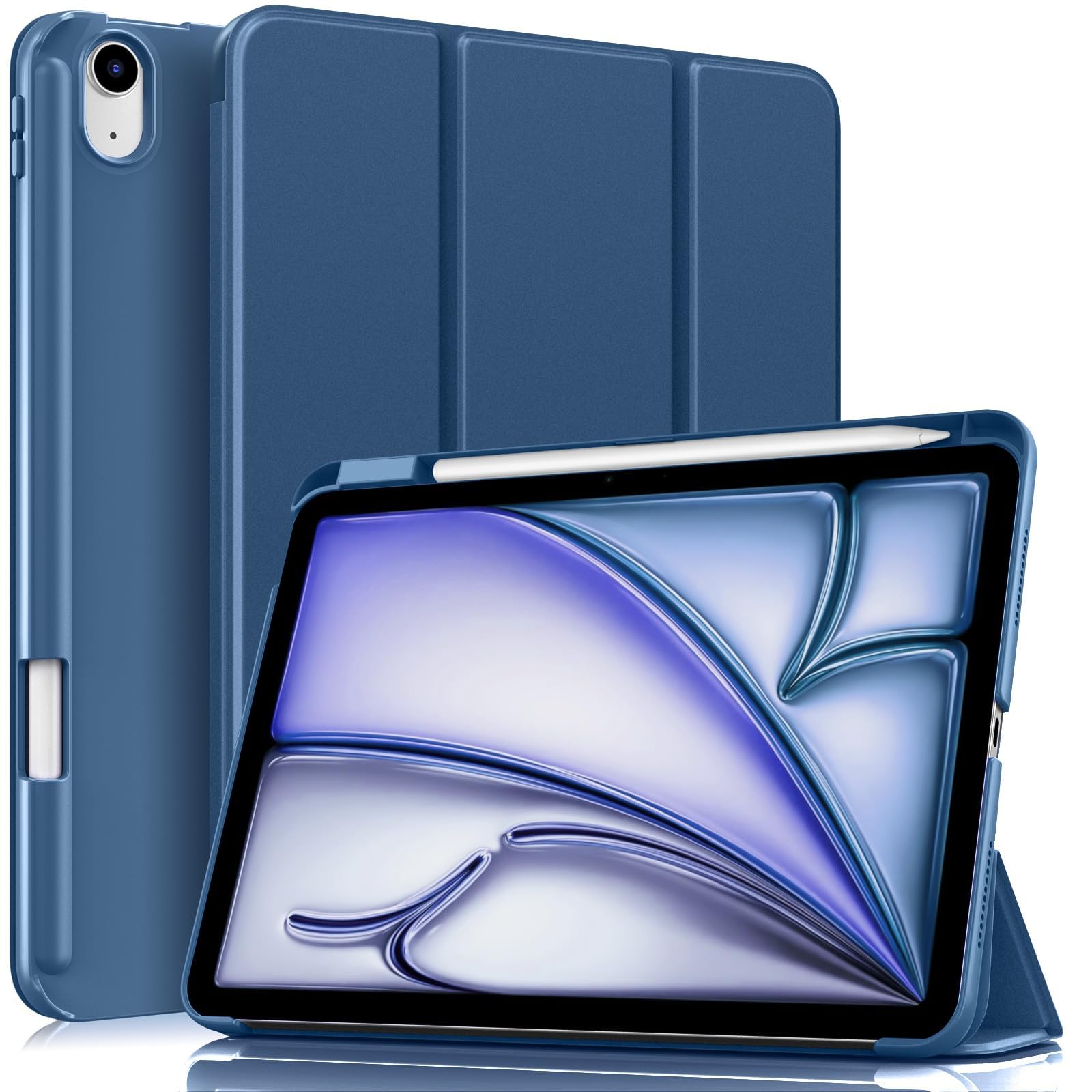 MoKo Étui Fin pour iPad Air 11 pouces, iPad Air 5e/4e génération, Gris Bleu | Avec Porte-crayon, pour iPad Air M4/M3/M2 Étui, Coque Arrière Rigide en PC à Trois Volets, Veille/Réveil Auto