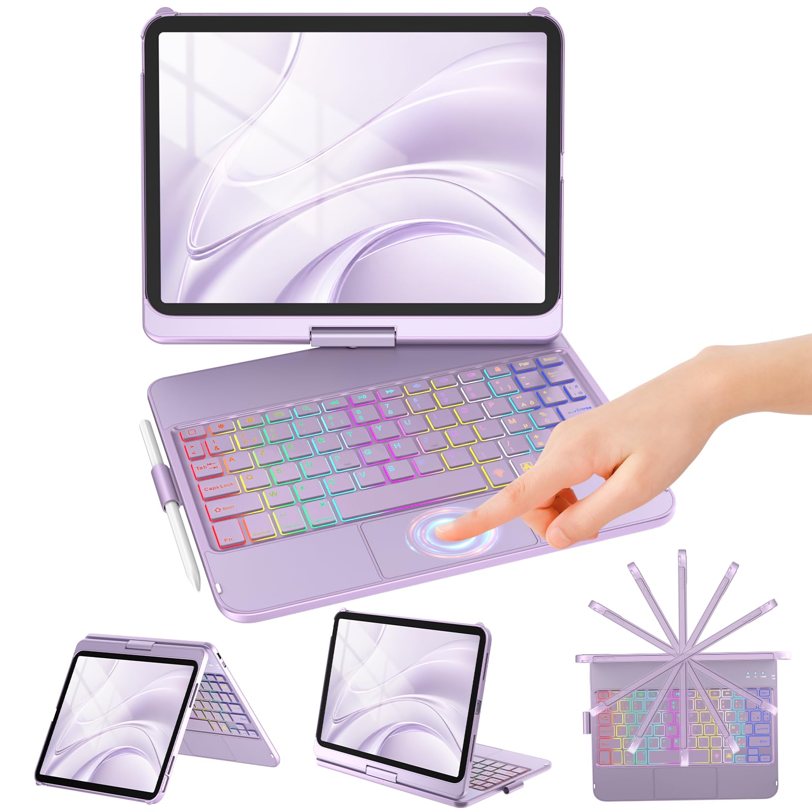 KBCASE Coque Clavier pour iPad A16 11/10ème Génération 11" 2025/10,9" 2022 | Clavier Bluetooth Rotatif à 360°, Pavé Tactile Précis, Rétroéclairé 7 Couleurs, Veille/Réveil Automatique, AZERTY Français