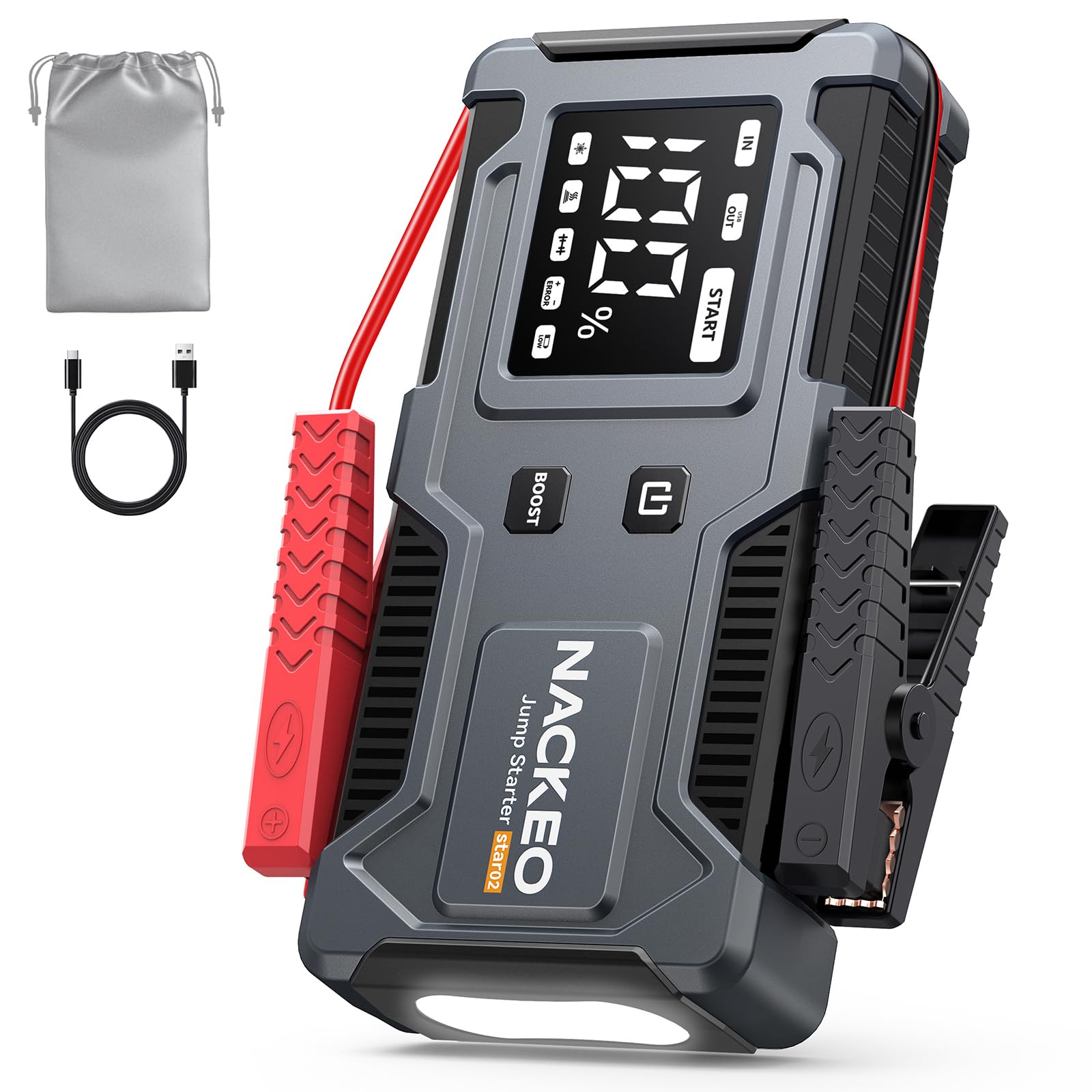 8000A Booster Batterie Voiture,Démarreur de Voiture (Jusqu’à 9L Essence et 7L Diesel),Jump Starter 12V avec Câbles de Démarrage Intégrés, Lampe LED et Écran LCD, Adapté aux Motos, SUV et Tondeuses