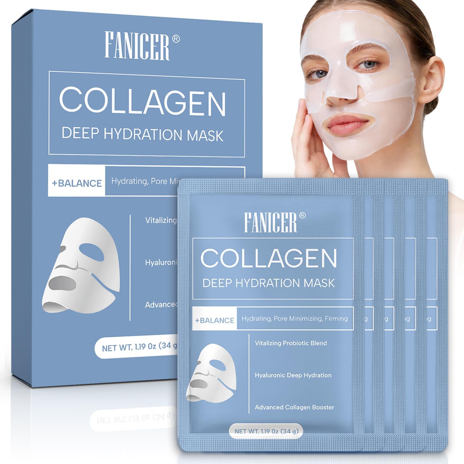5 Pièces Masque Collagene Visage,Masque Collagene Hydratant et Raffermissant,Hydratant Anti-âge,Amélioration de l'Élasticité Et Peau Lisse,Resserre les pores,Adapté à la Plupart des Types de Peau