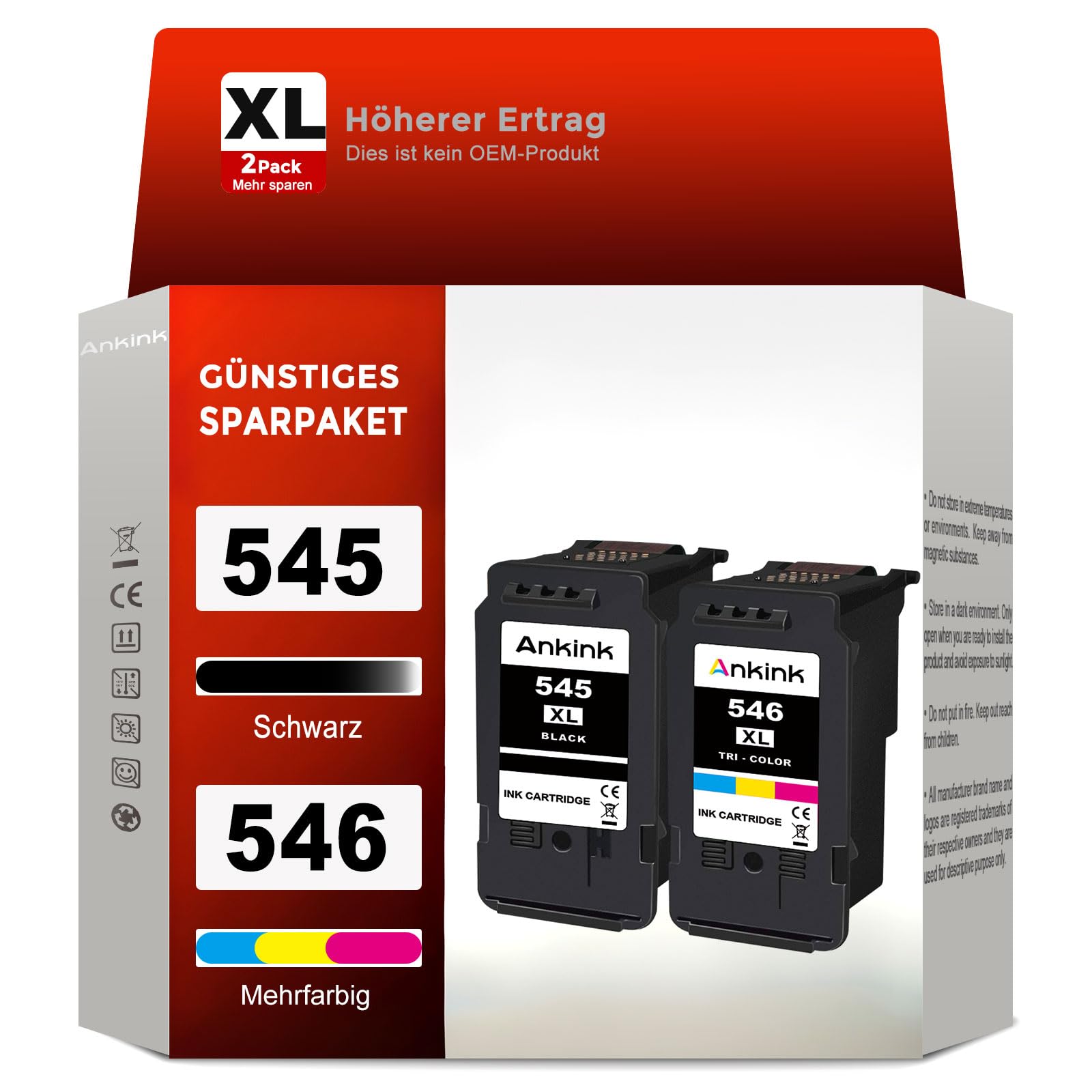 ANKINK PG-545XL CL-546XL Cartouche Encre Remplacement pour Canon 545 546 XL | PG545 CL546 Noir et Couleur Compatible pour MG2450 MG2550 MG2550s MG2950 MG2950s TR4550 TR4541 TR4650 TS3150 IP2850 MX490