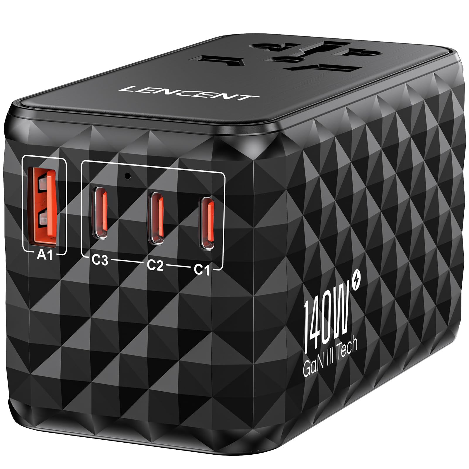 LENCENT Adaptateur de Voyage International 140W avec 1 USB-A et 3 USB-C PD | Charge Rapide pour Téléphones Ordinateurs Portables, Adaptateur de Voyage Universel Tout-en-Un pour UK,EU,AU,US, Noir