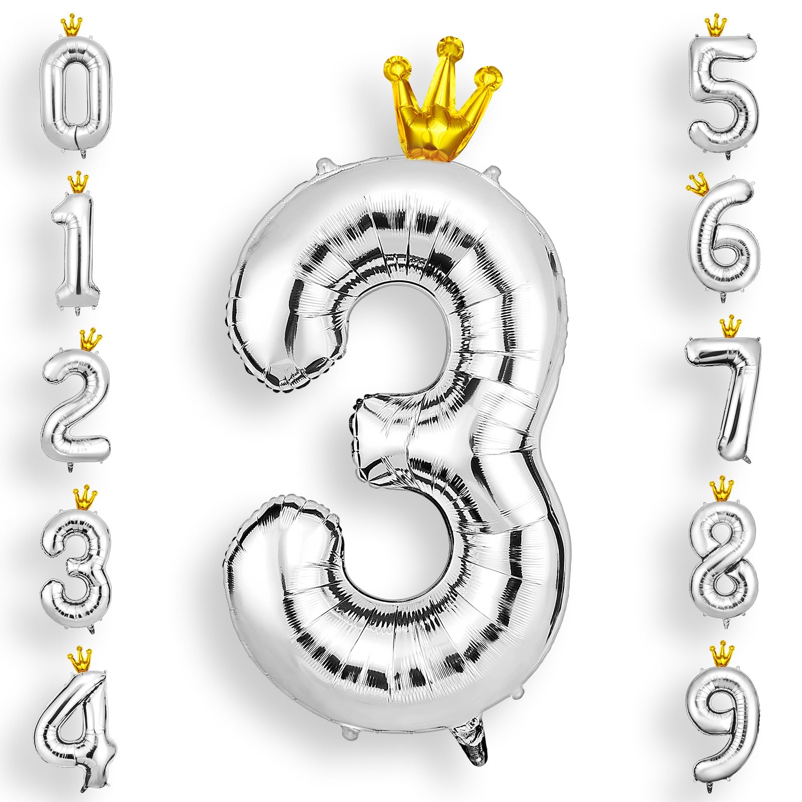 AOOSU Ballon Chiffre 3 Couronne Argentée | Numéro de Ballon 101cm | Décoratif D'hélium | Decoration pour Fête, Vacances et Anniversaire