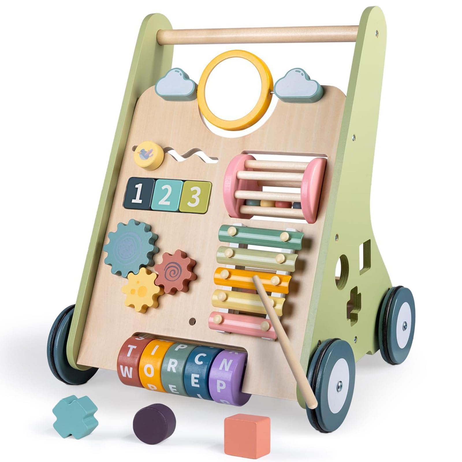 LOL-FUN Chariot de Marche Cadeau bébé 1 An, Trotteur Bebe Garcon | Chariot de marche en bois 10 en 1 : trotteur, table d'activites, xylophone, tableau et jeux de tri pour bebe 12 mois+