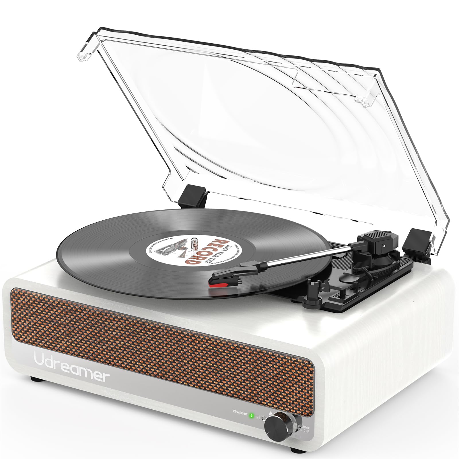 Udreamer Platine Vinyle Bluetooth Tourne Disque Support USB Aux entrée RCA Ligne de Sortie 3 Vitesses Drive Ceinture Arrêt Automatique Miroir Design Blanc