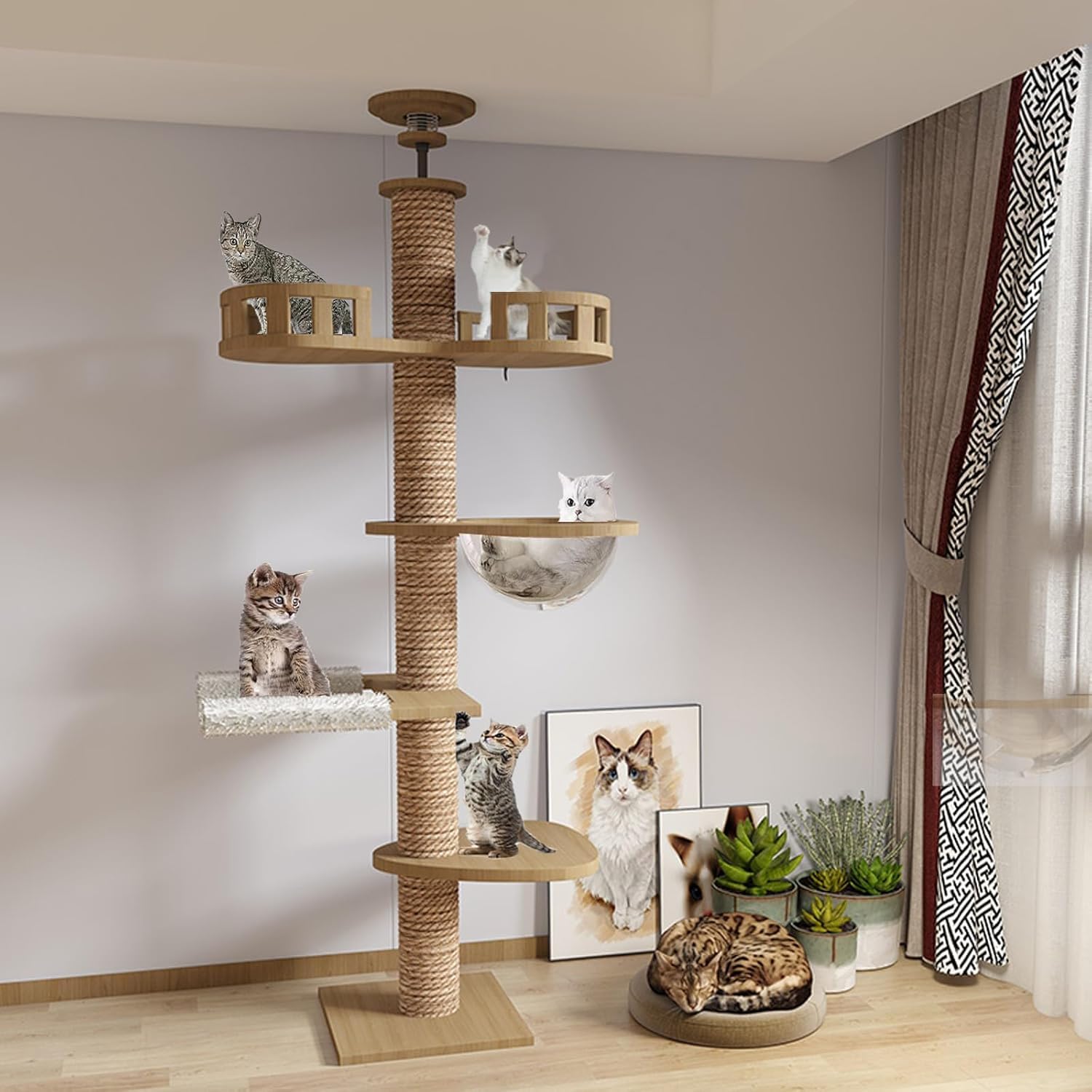 Arbre à Chat, tendeur de Plafond, Capsule Spatiale, hamac pour Chat, entièrement enveloppé de Corde en sisal, Largeur de 11 cm, Arbre à Chat Haut (240~250 cm, 265-275 cm)