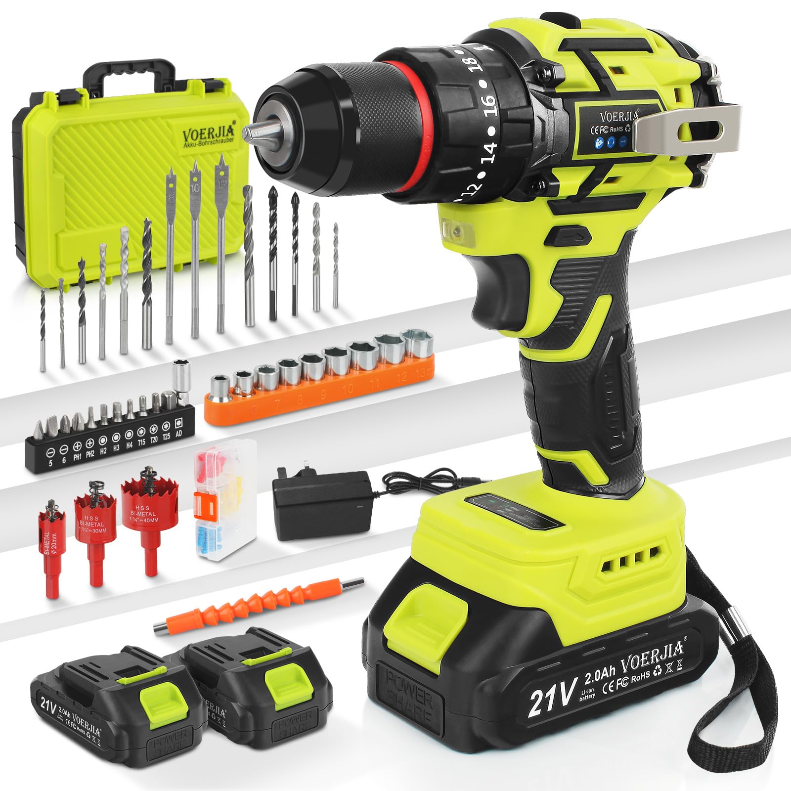 VOERJIA Perceuse Visseuse Sans Fil 21V, Perceuse Percussion Brushless avec 2 Batteries 2000mAh, 65Nm Couple Max, 20+3 Réglages de Couple, 2 Vitesses, LED, Mandrin 10mm, 46 Accessoires et Valise