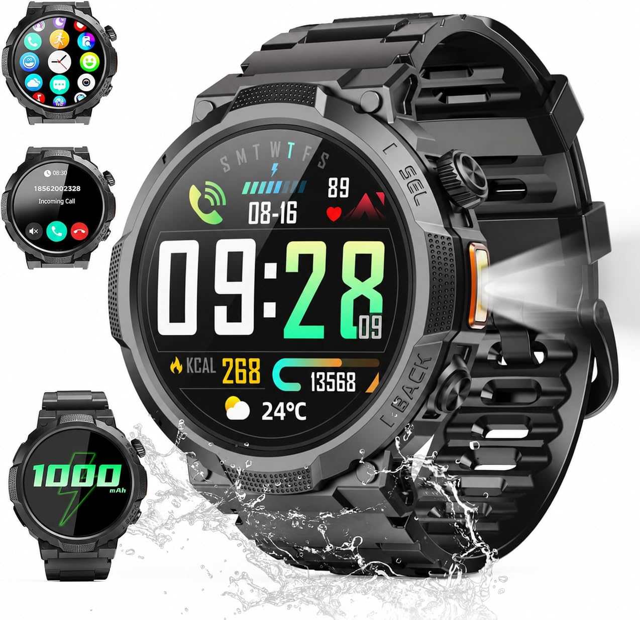 Montre Connectée Homme avec LED Lampe, Militaire Smartwatch 1000mAh, Noir | 1.53" HD avec Appel Bluetooth, Etanche IP68, Fréquence Cardiaque, Sommeil, Podometre, 110+ Sportifs, Montre pour Android iOS