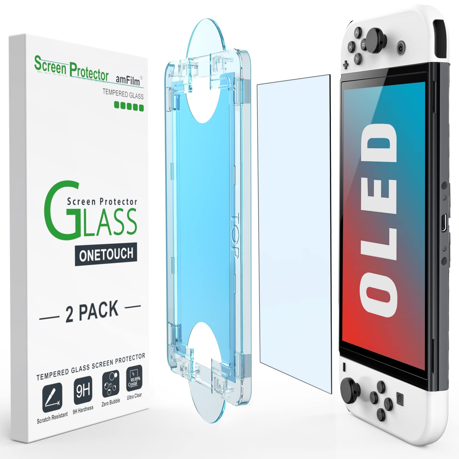 amFilm OneTouch Verre Trempé pour le Modèle Nintendo Switch OLED 2021 | Lot de 2 Protections D'écran avec Kit D'alignement Automatique, Sans Bulles - SWTCHO- 7.0''
