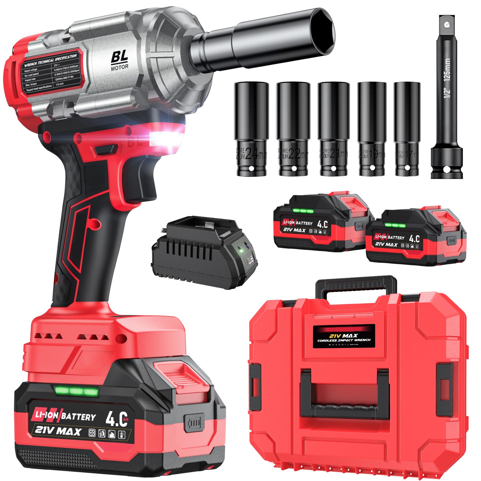 XIAZIR Clé à chocs sans fil 1200 Nm, 21V 4.0Ah×2 batteries + chargeur rapide, 3 vitesses + LED, avec 5 douilles + rallonge + mallette, pour auto, chantier et bricolage