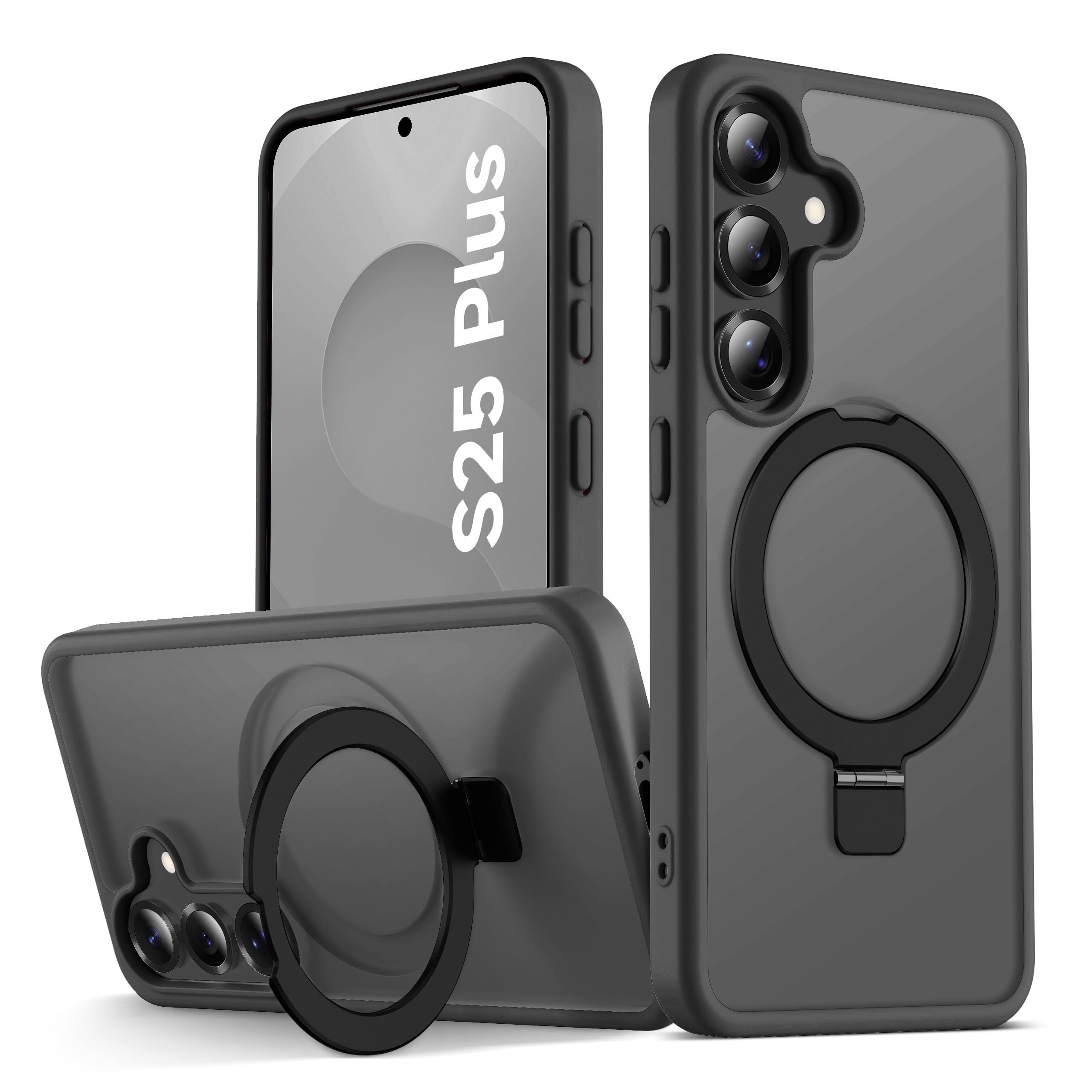 ORETECH Magnétique Coque pour Samsung Galaxy S25 Plus, Noir | Compatible avec Mag-Safe, Support Intégré, Antichoc Anti Rayures Rigide Mat Translucide Coque pour Samsung S25 Plus