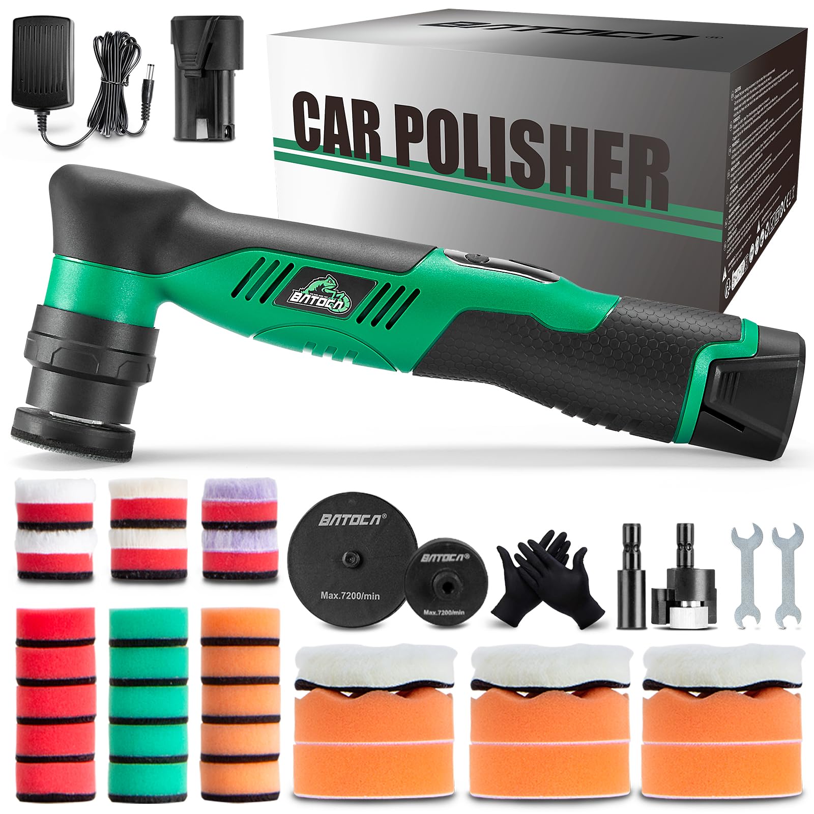 BATOCA S5 Mini Polisseuse Voiture Sans Fil Polisseuse Orbitale et Rotative | Lustreuse Voiture avec 1 batterie 12V 2.0Ah 25mm/75mm tampons de polissage pour les détails 6 vitesses 2000-5500RPM Ponceuse