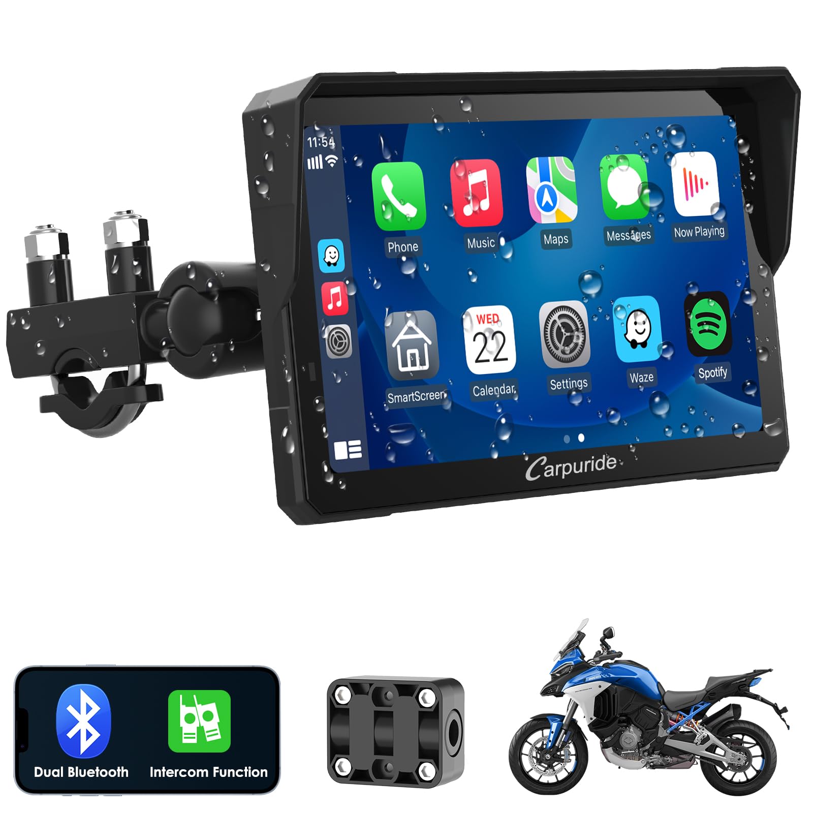 Carpuride W702 Pro Moto Carplay Écran avec Interphone Fonction 7 Pouces | Sans Fil Carplay et Android Auto, écran Tactile étanche , Amélioré Double Bluetooth, Navigation, Boussole, Baromètre.