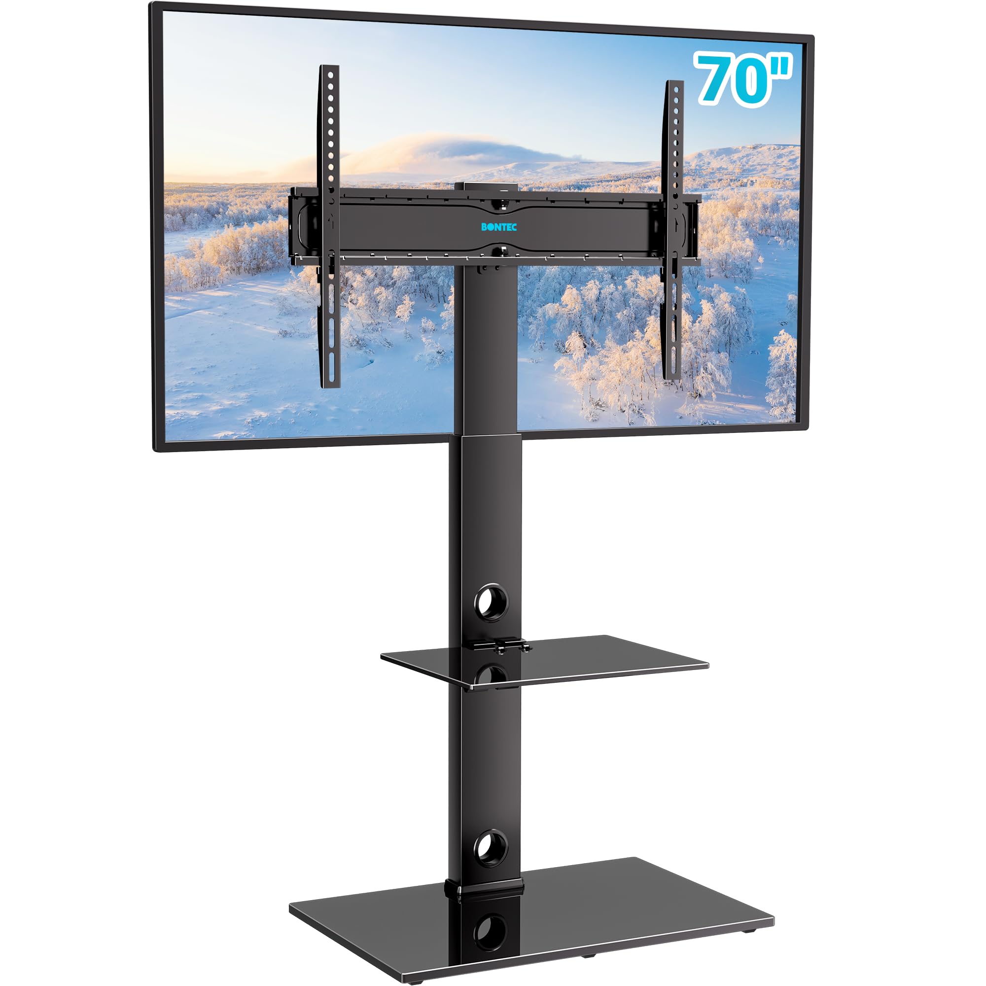 BONTEC Support TV sur Pied Pivotant, 30-70 Pouces, Charge 40 kg | Hauteur Réglable, Pivotement, 2 Étagères, VESA Max 600x400 mm, Pour Téléviseurs Plats ou Incurvés LED OLED LCD