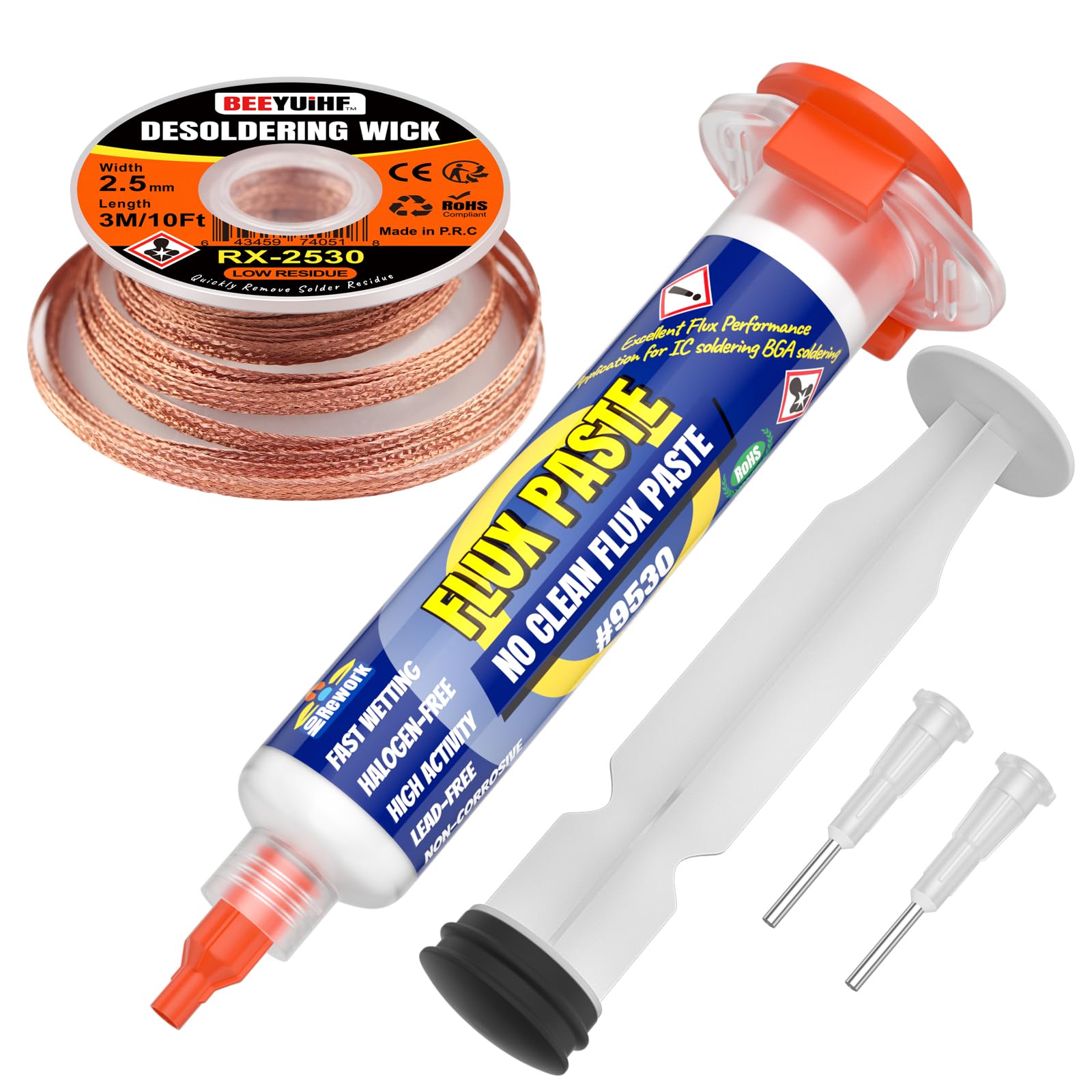 BEEYUIHF 10cc/10mL Seringue flux de pâte à souder avec 2.5 mm 3 Mètre Tresses à Dessouder pour PCB/IC/BGA/SMD Électroniques Soudure Réparation