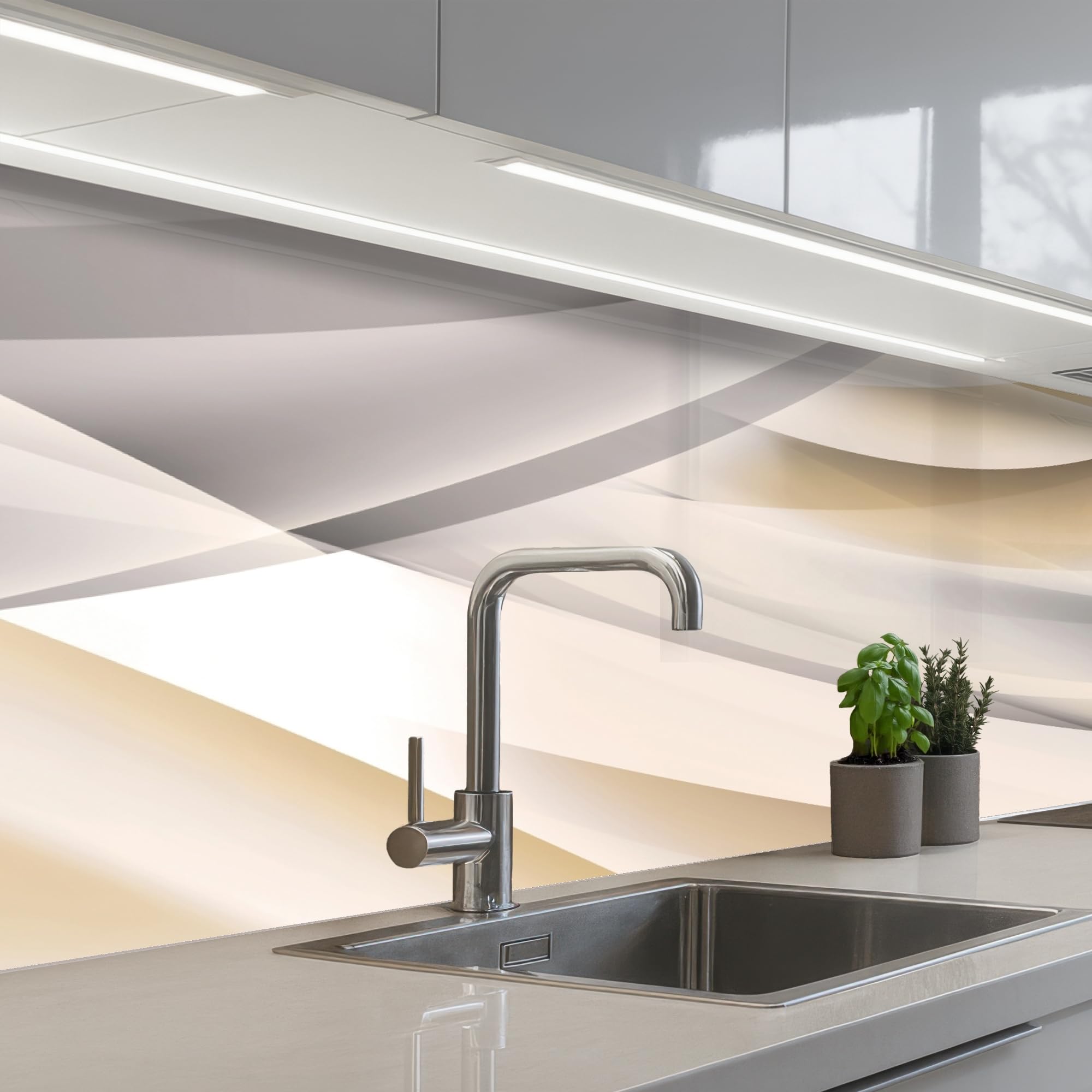 KitchenYeah© Credence Cuisine Adhesif Protection Mur Plaque De Cuisson | 60x150 cm - Plastique Rigide Revetement Murale À Coller Vagues - Abstrait - Beige
