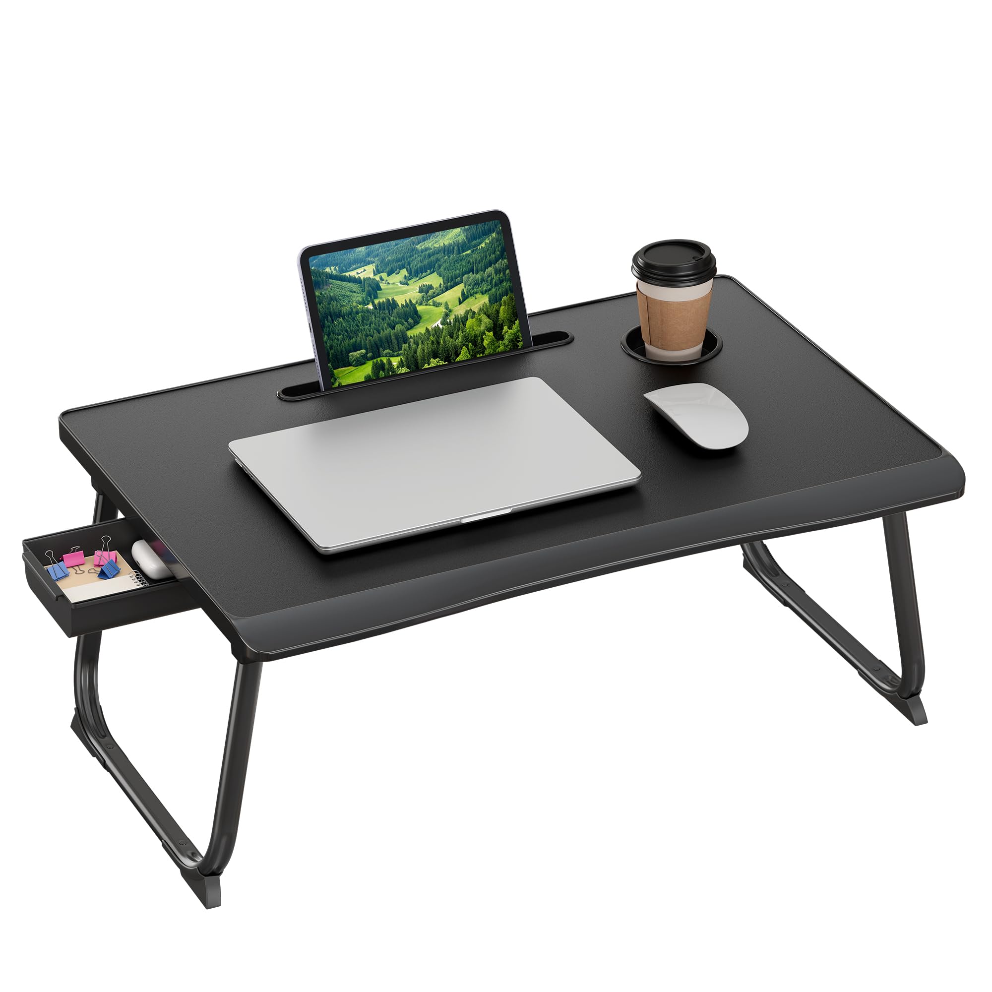 SONGMICS Table de Lit Pliable pour Ordinateur Portable 17 Pouces | Table de Lit Pliable , 60 x 40 x 27 cm, avec Porte-Gobelet, Noir D'Encre, Collection Barden, LLD120B101