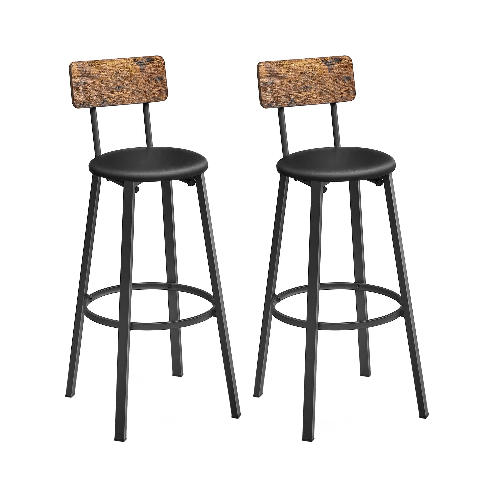VASAGLE Tabouret de Bar, Lot de 2, Rembourré, PU, Assise 75,5 cm | Chaise de Cuisine, Repose-Pieds, Montage Simple, Industriel, Noir D'Encre et Noir Mat, Collection BARNET LBC069B81