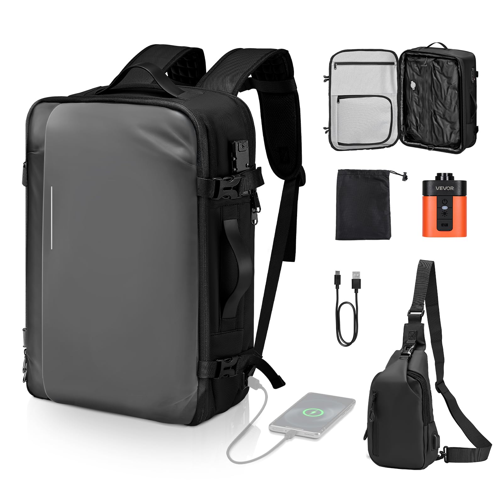VEVOR Sac à Dos Voyage sous Vide, 65 L, Sac à Dos à Compression sous Vide Extensible, avec Pompe, Serrure Homologuée TSA, Plusieurs Compartiments, Bretelles Rembourrées, pour Voyages d'affaires, Gris