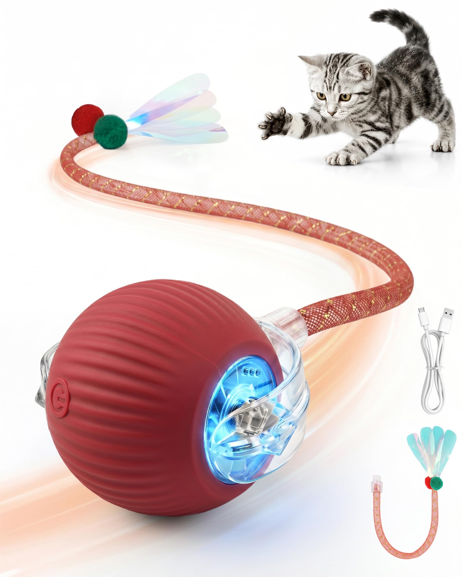 RZPTL Jouet Balle Interactifs pour Chats, Rouge Balle Électrique avec Queue | Cat Toys Pour Chats D’intérieur, Balle Automatique 3 Modes, Recharge Type-C, Jeu Interactif Pour Chatons Et Chats Adultes