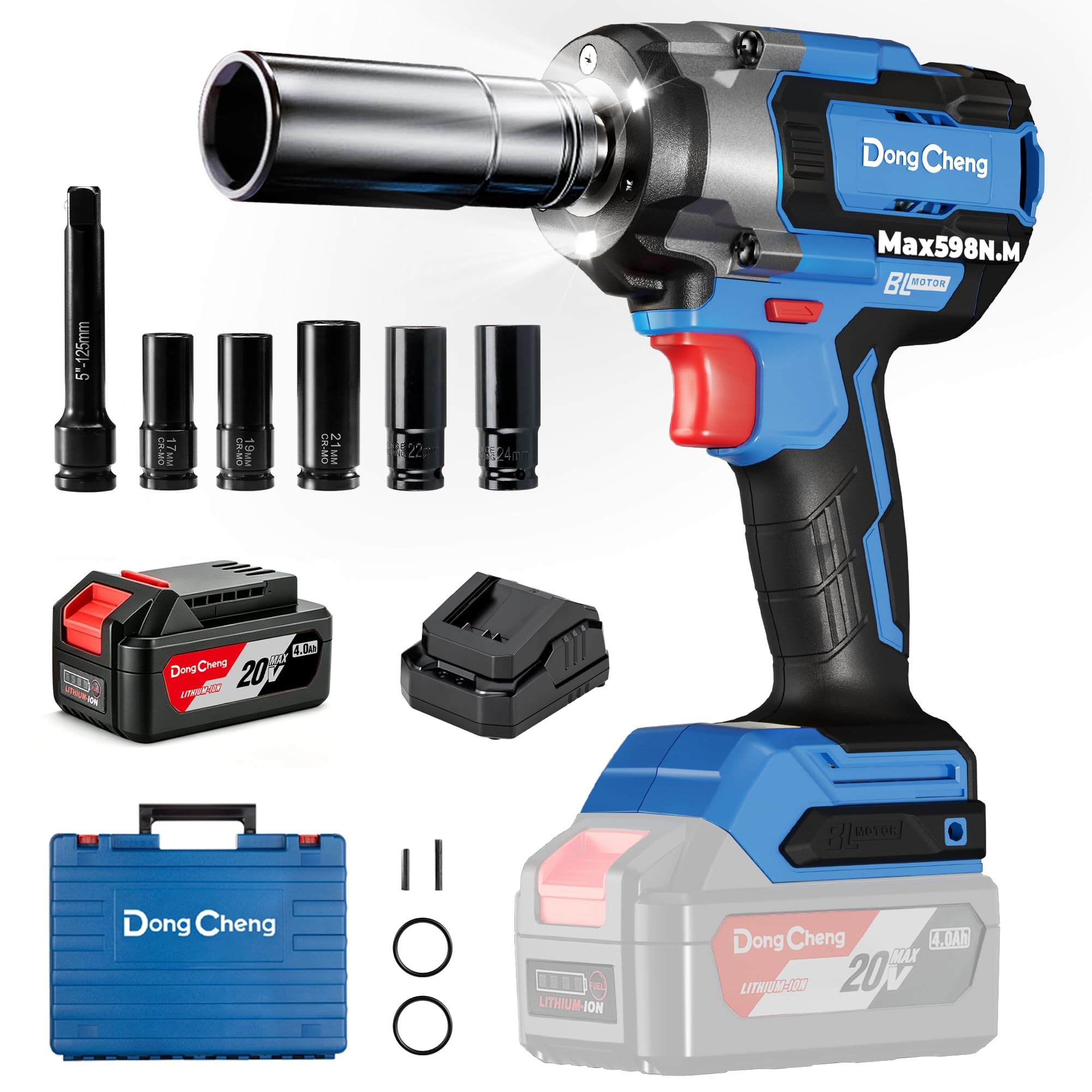 DongCheng 20V Clé à chocs sans fil 1/2", 800 Nm, LED annulaire, batterie | 4,0 Ah, Brushless, déboulonneuse compacte et puissante, douilles 17–24 mm, coffret, pneus SUV, mécanique auto, chantier
