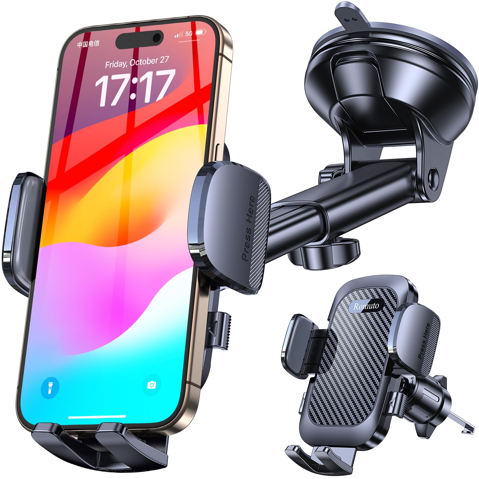 Romuto Support Téléphone Voiture【Ventouse Puissante】Porte Telephone Voiture Tableau de Bord/Bouche D'aération【Rotation 360°】Kits d'accessoires Automobiles Téléphone Portable pour iPhone Samsung, Noir