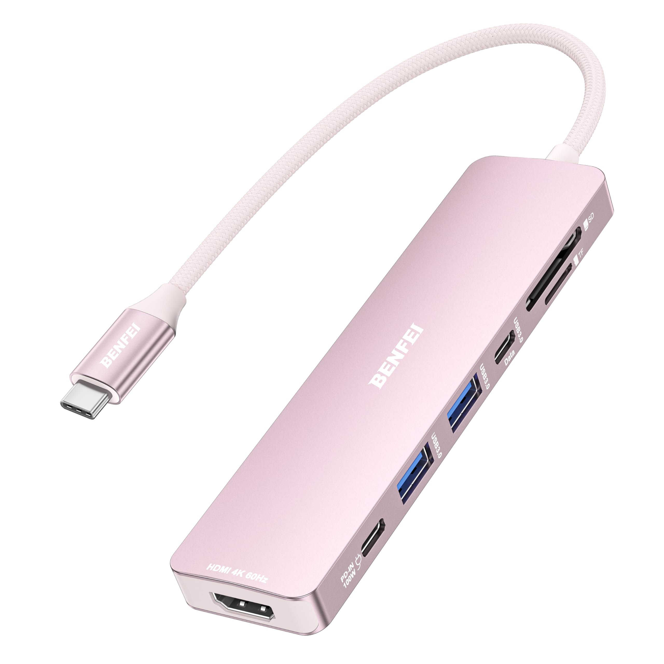 BENFEI Hub USB C 7-en-1 avec HDMI(4K@60Hz), 2 USB-A, 1 USB-C Data, 100W de Charge, Lecteur de Carte SD/TF, câble en Silicone sans enchevêtrement Compatible avec MacBook Pro/Air, iPad Pro, iMac，Pink