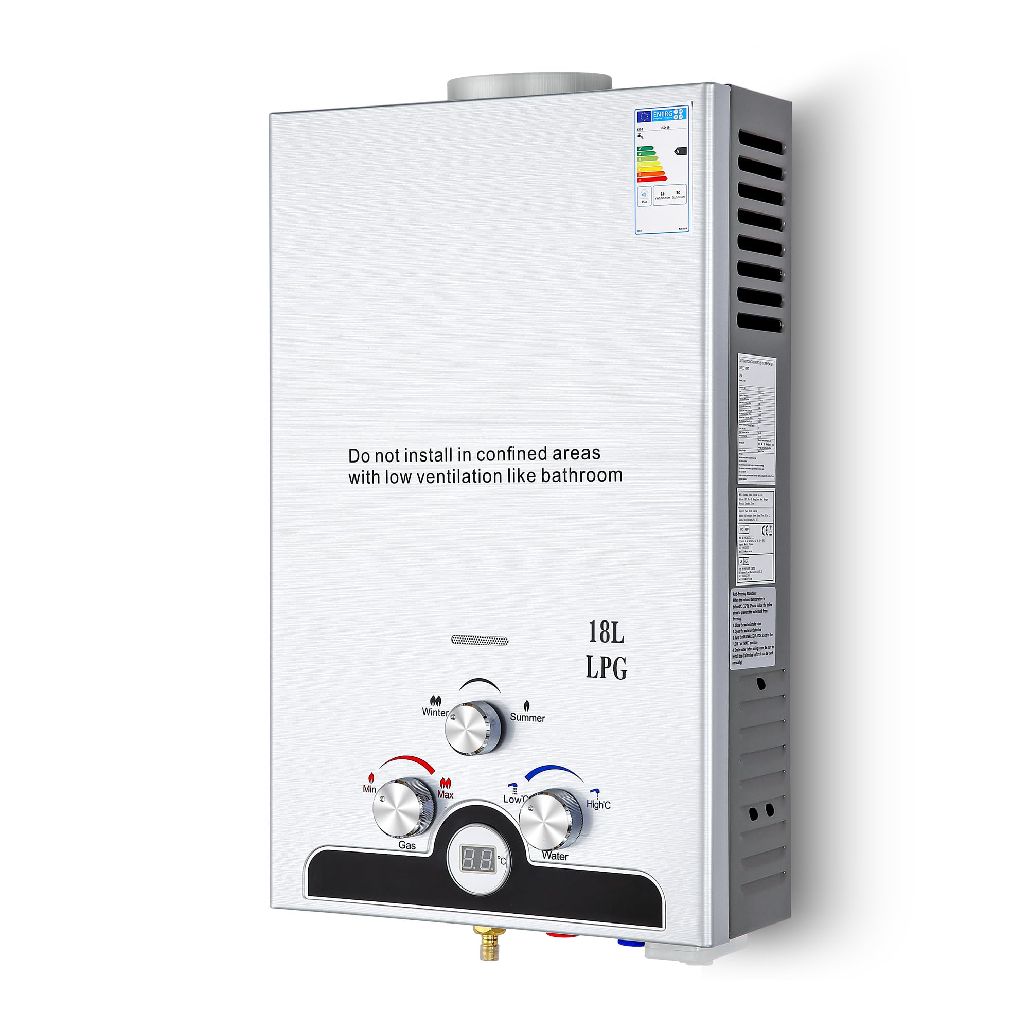 CO-Z Chauffe-Eau à Gaz Instantané 18LPM 30,6kW LPG GPL au Butane Propane avec Modes Hiver et Eté Sans Réservoir en Acier Inoxydable CE Certifié Portable pour Maison Camping Caravane
