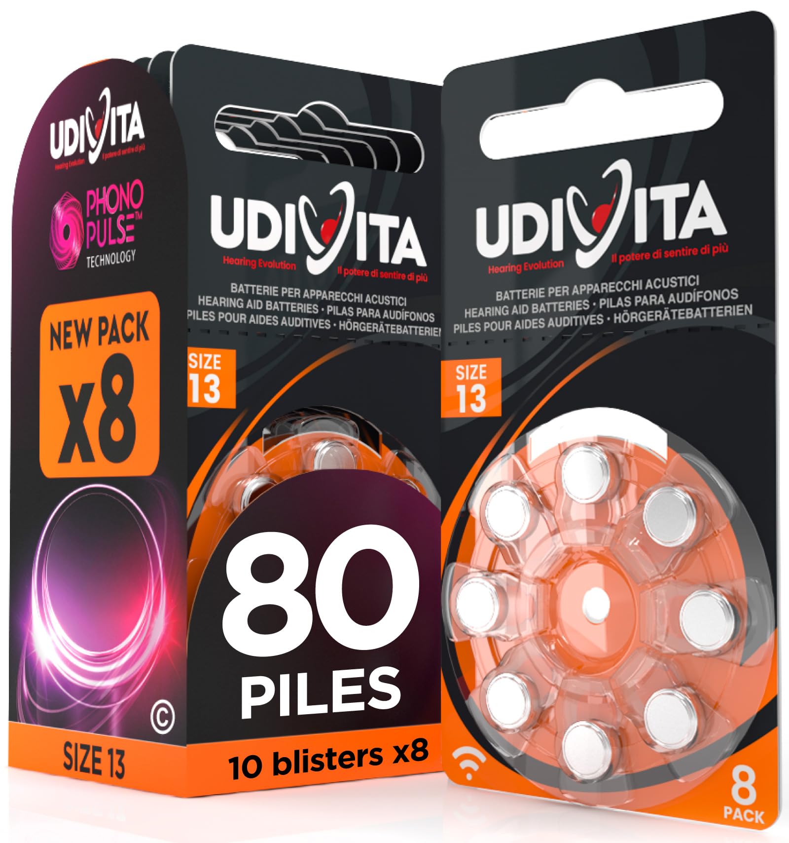 80 Piles Auditives 13, Udivita PR48 Orange, Zinc-Air Hearing Evolution | 10 Blisters de 8 Piles