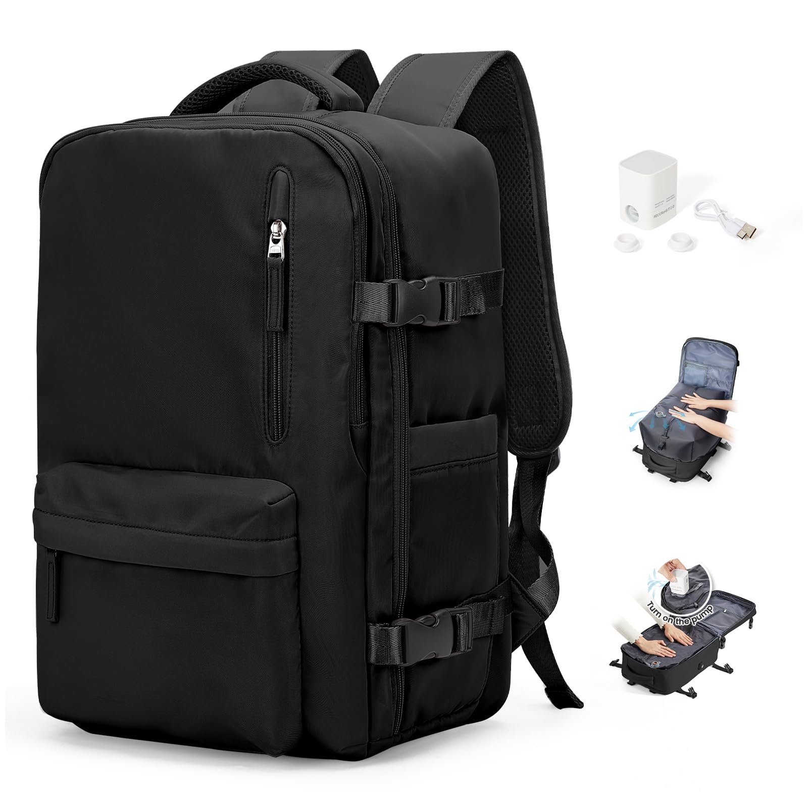 SEAFEW Sac à dos sous vide de voyage avec pompe pour Easyjet | Bagage Cabine Avion Sous Siège,Sac à dos décontracté pour ordinateur portable,Sac à dos voyage léger pour Week-End,G01-Noir