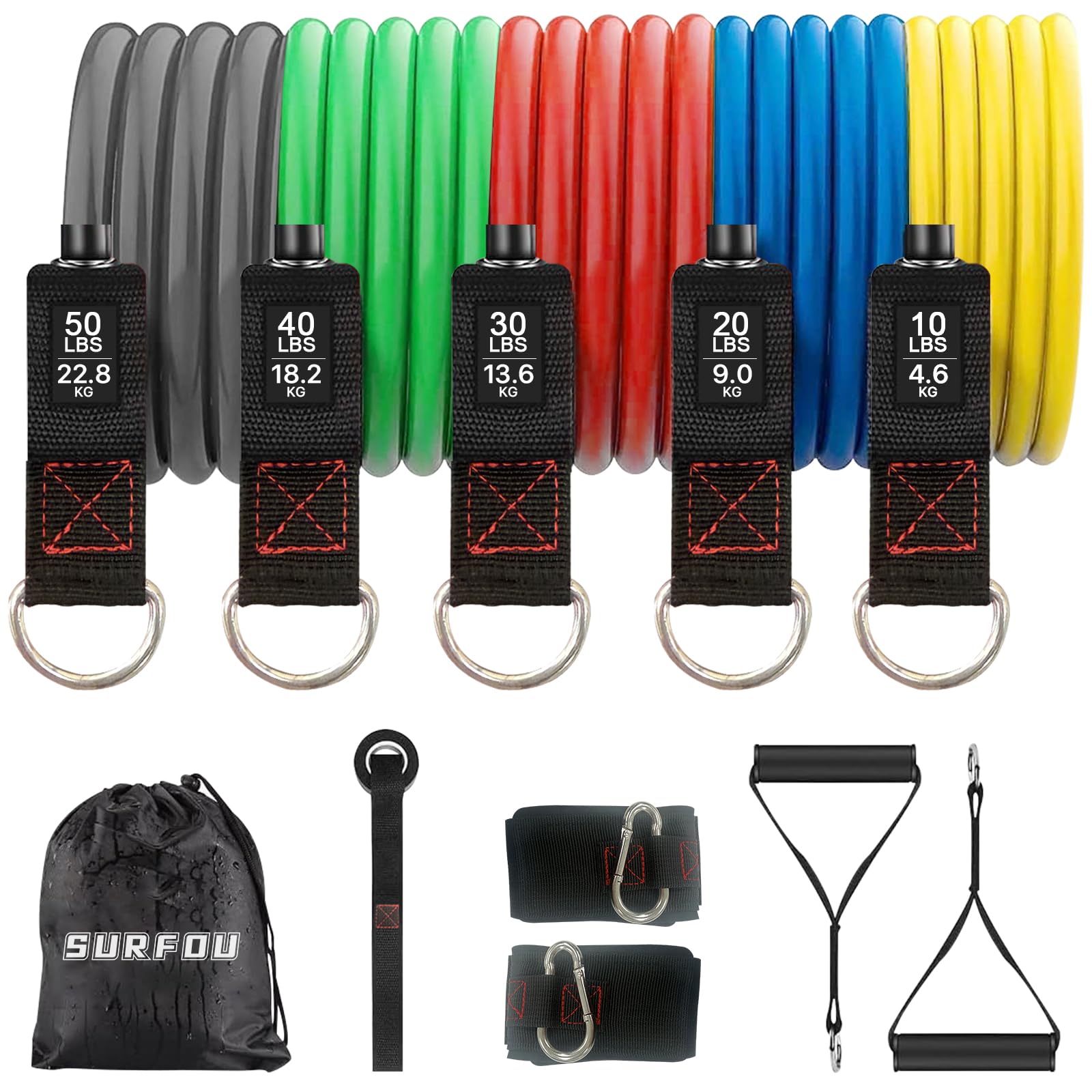 SURFOU Elastique Musculation 5 Niveaux avec Poignées, Sangles de Cheville | Ancrage de Porte, Poster d’Entraînement et Sac de Rangement, Idéal pour Pilates et Entraînement à Domicile